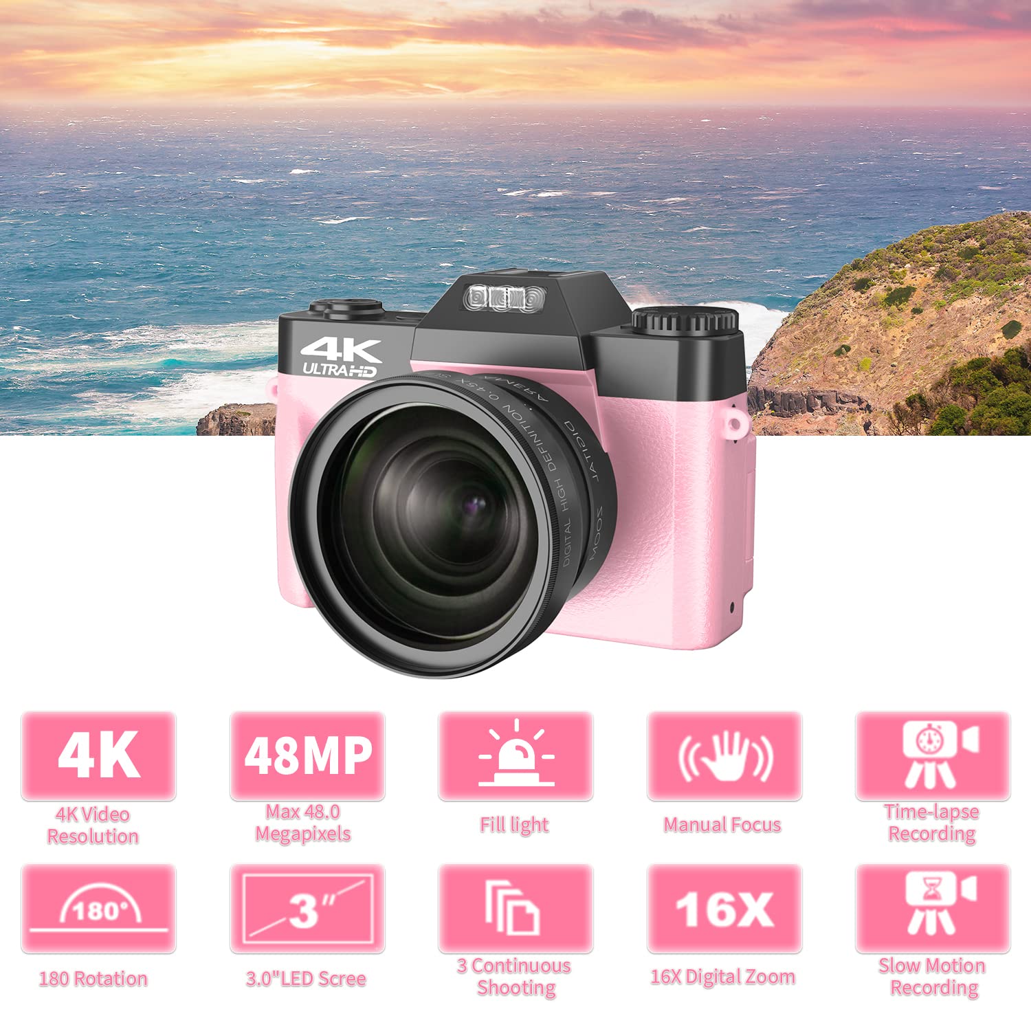 Vetek Digital Cameras For Photography, 4K 48Mp Vlogging Camera 16X Digital Zoom Manual Focus Students Compact Camera With 52Mm Wide Angle Lens & Macro Lens, 32G Micro Card And 2 Batteries (Pink)