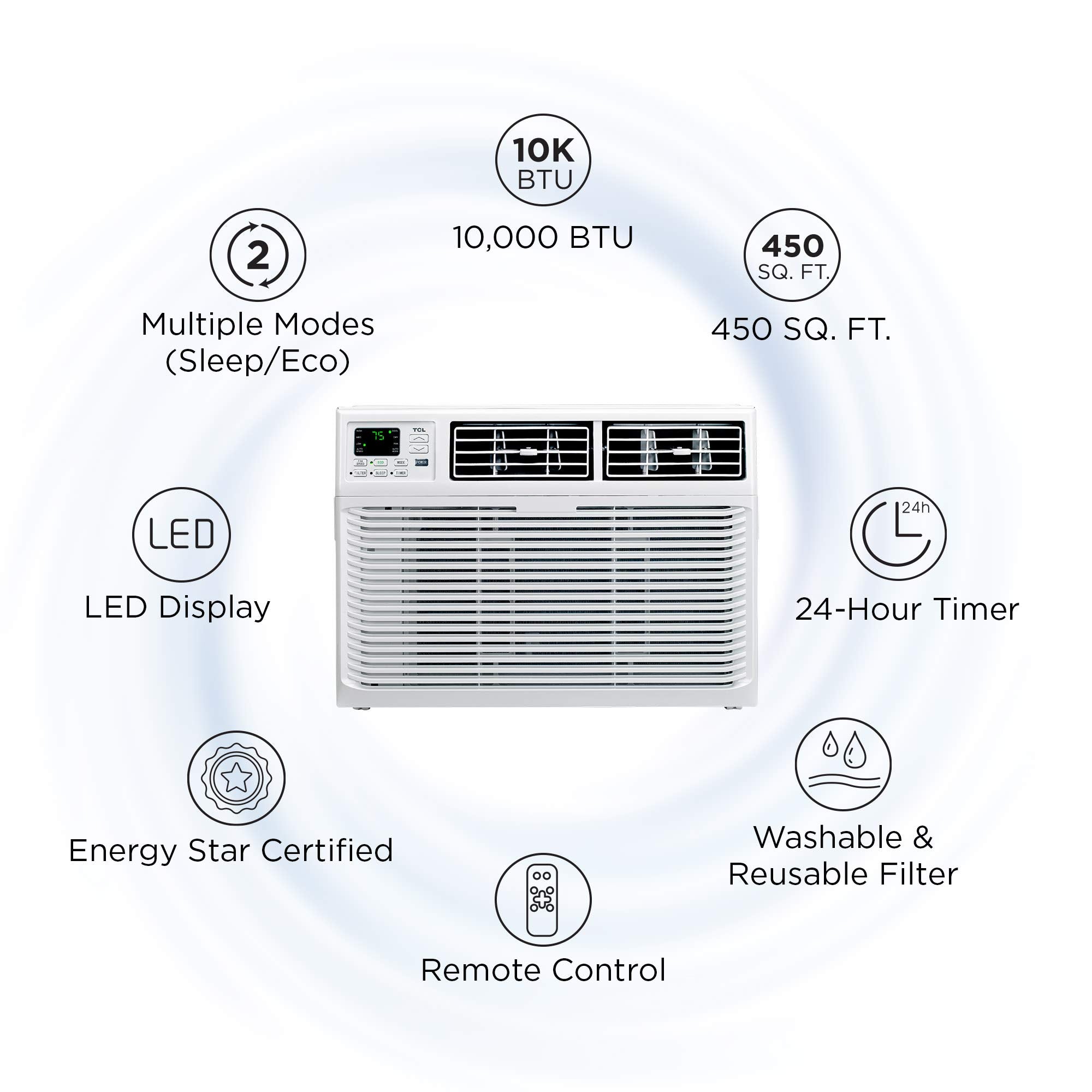 Tcl Home 10,000 Btu Window Air Conditioner, Energy Star, Cools Rooms Up To 450 Sq. Ft., 3 Fan Speeds, Quiet, Multiple Modes, Rem