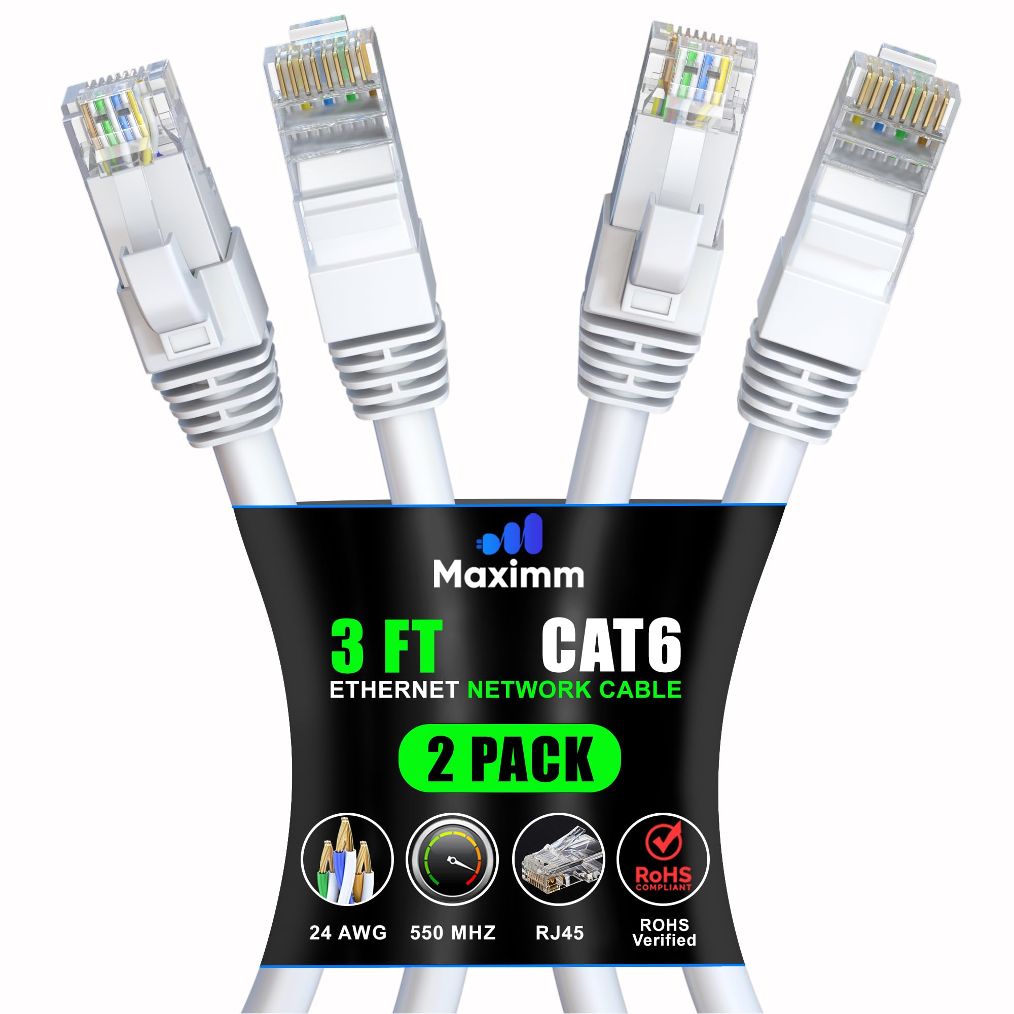 Maximm Cat 6 Ethernet Cable 3 Ft (2 Pack)   High Speed Lan Cable, Internet Cable, Patch Cable, And Network Cable   Utp, 10Gbps, 550Mhz Ethernet Cord   White