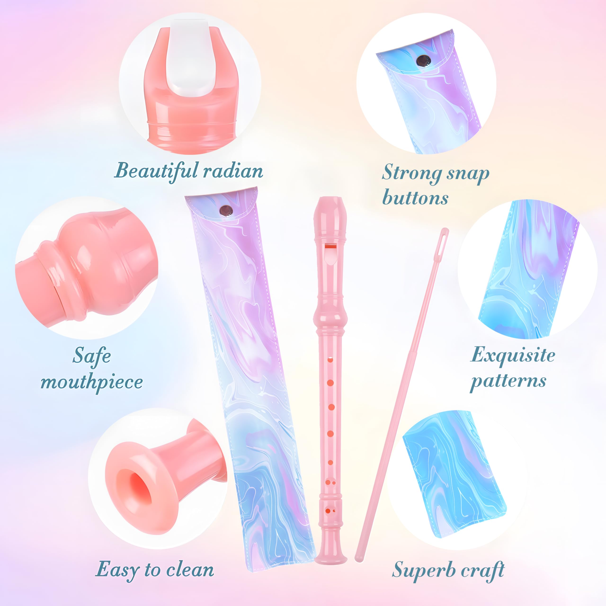 Soprano Recorder For Kids Beginners, German Fingering, C Key, 3 Piece With Cleaning Rod, Bag, Fingering Chart (Pink)