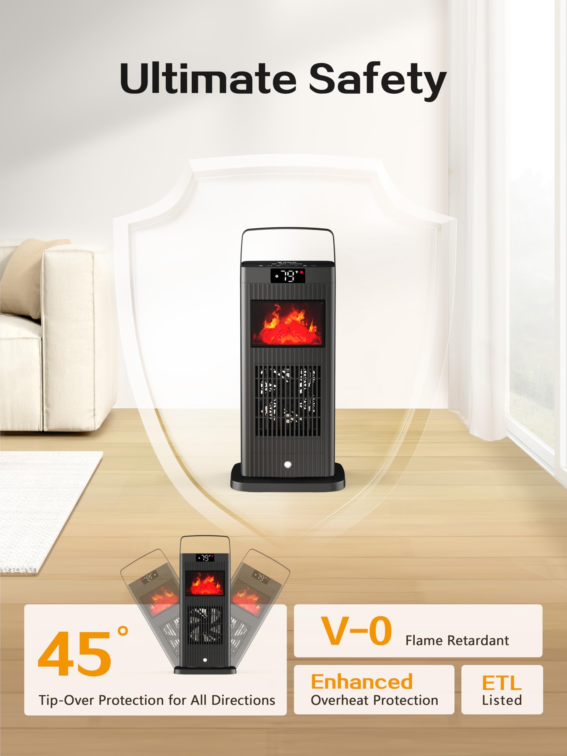 Bjop 2024 New Version Space Heater, Etl & Ul Certified Portable Space Heaters With Fireplace Flame Effect 1500W Oscillating Elec
