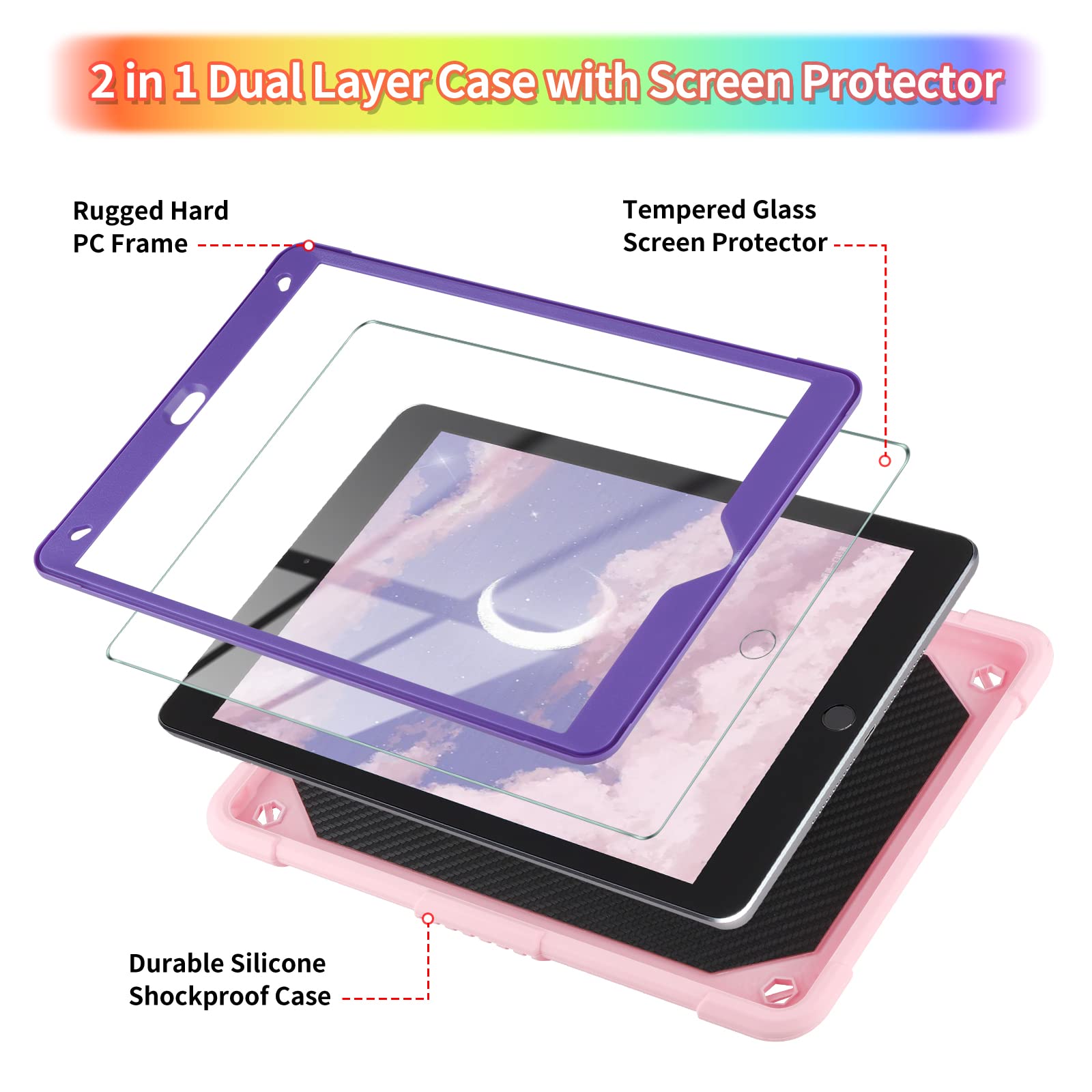Wesadn For Ipad 9Th Generation Case 8Th 7Th Gen 10.2 Inch With Screen Protector/Butterfly Kickstand/Lanyard/Keychain Rugged Case