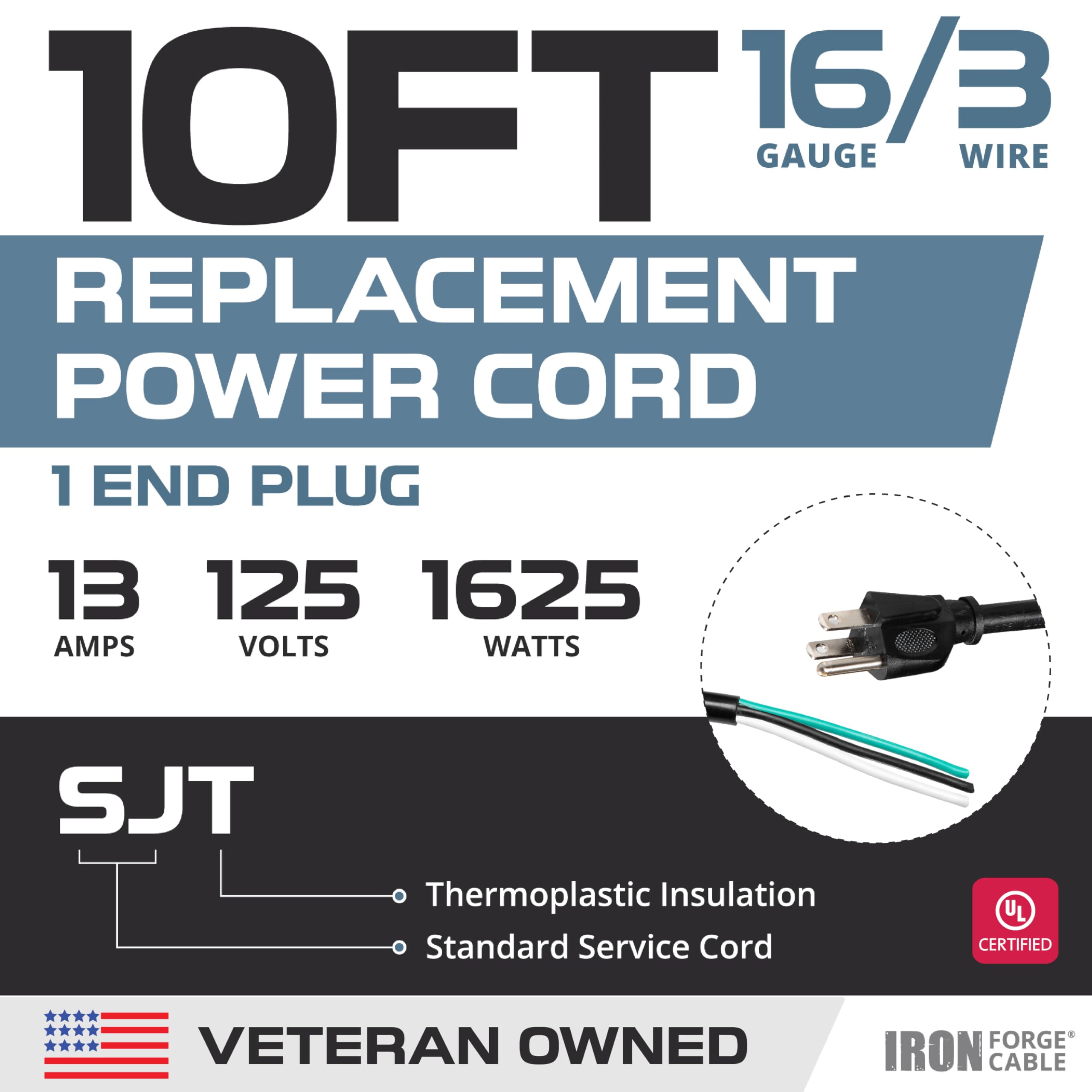 Iron Forge Cable 16 Gauge Power Cord Replacement   10Ft,15 Amp Black Heavy Duty Extension Cord, 16/3 Sjt 3 Prong Electric Cable