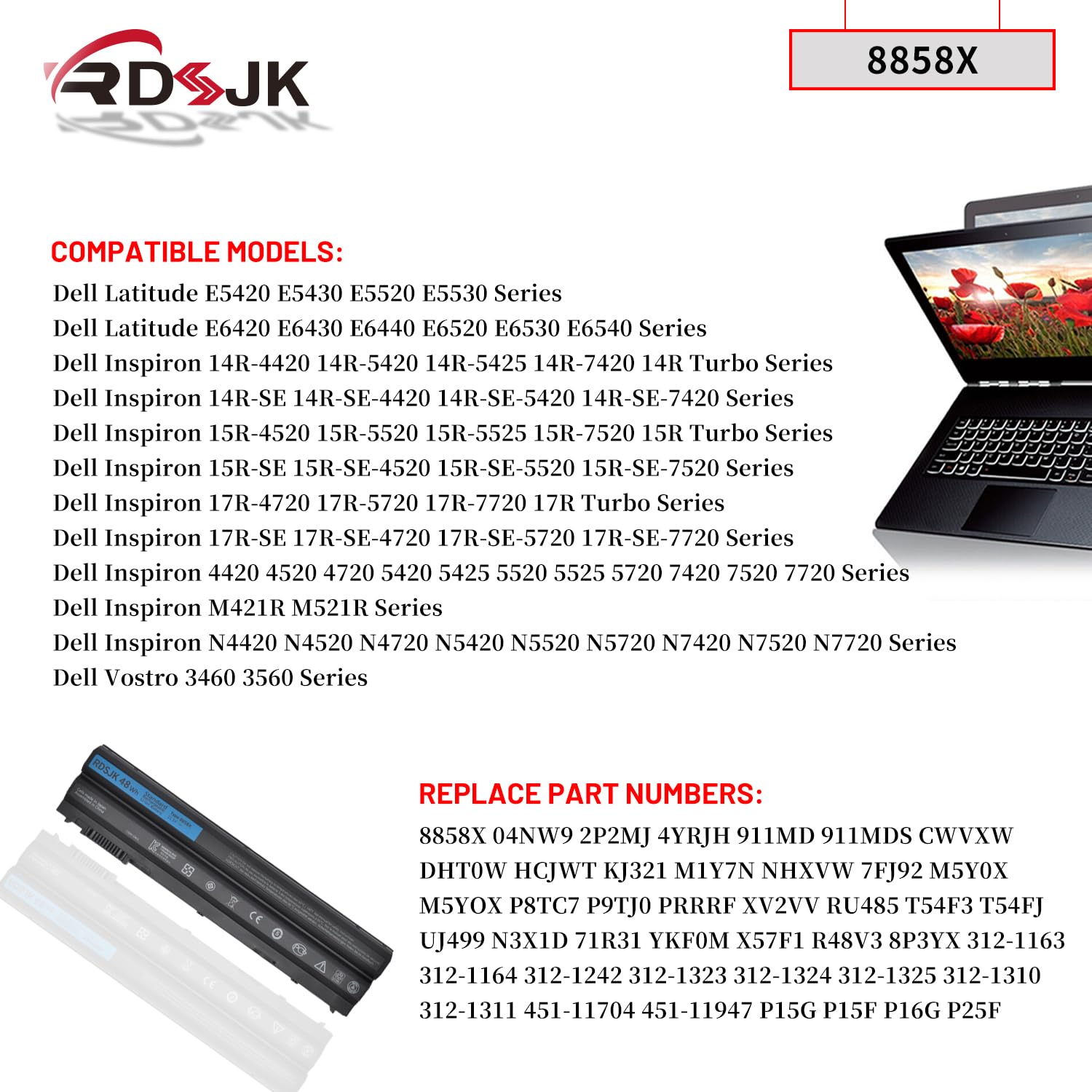 8858X T54Fj M5Y0X 48Wh Laptop Battery For Dell Inspiron 14R 5420 15R 5520 17R 7720 4420 4520 4720 5525 5720 7420 7520 Latitude E