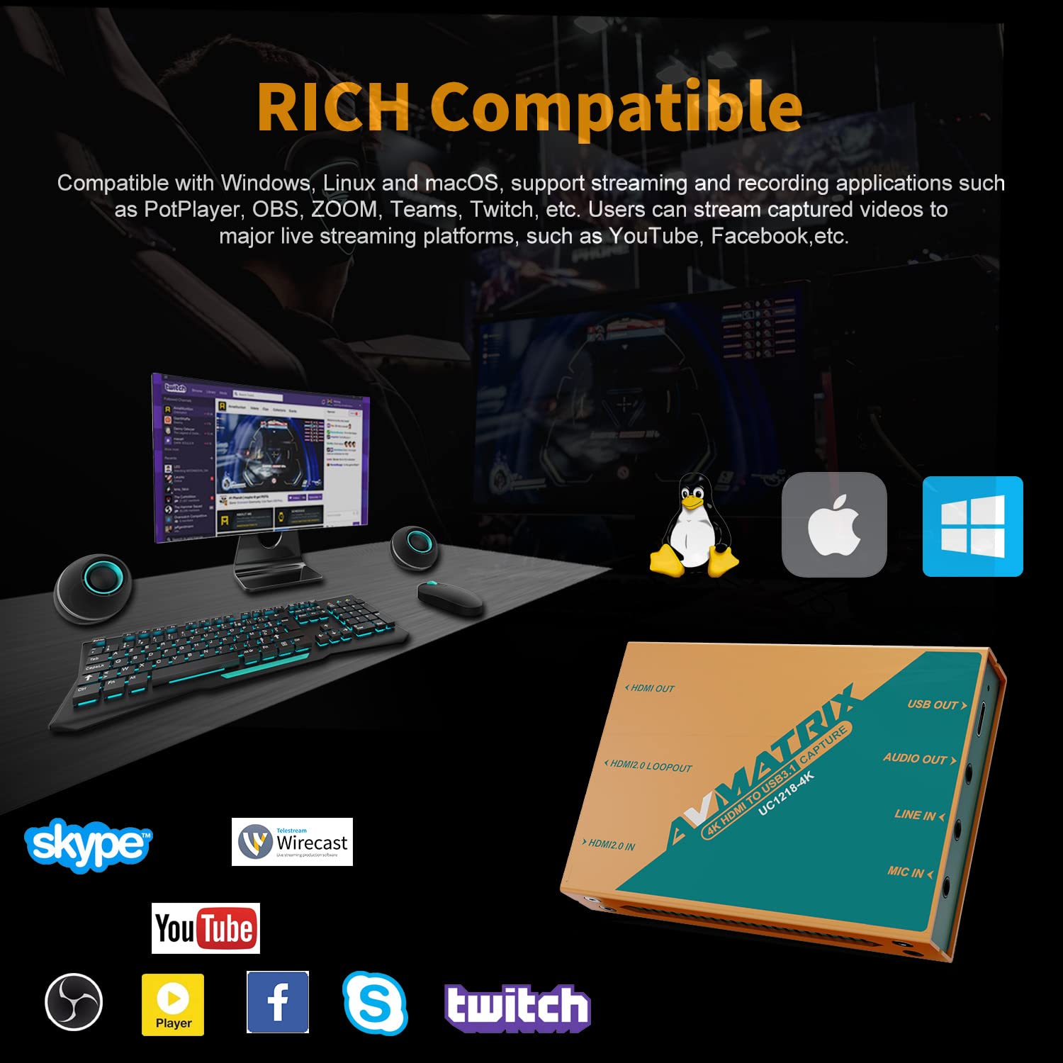 Avmatrix Uc1218 4K Video Capture Card With Hdmi 2.0 To Usb 3.0 C For Live Streaming In 1080P60 For Online Conference Church Live