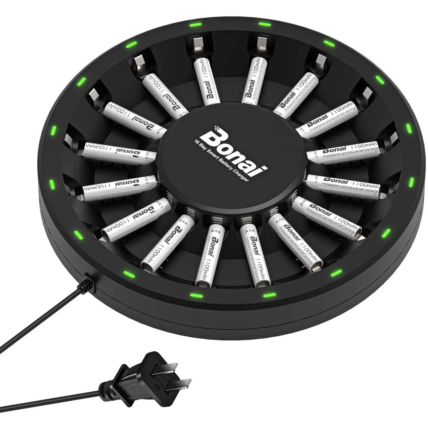 Bonai Rechargeable Aaa Batteries With Charger, 16 Pack Aaa Rechargeable Batteries And 16 Bay Battery Charger For Aa Aaa(1100Mah