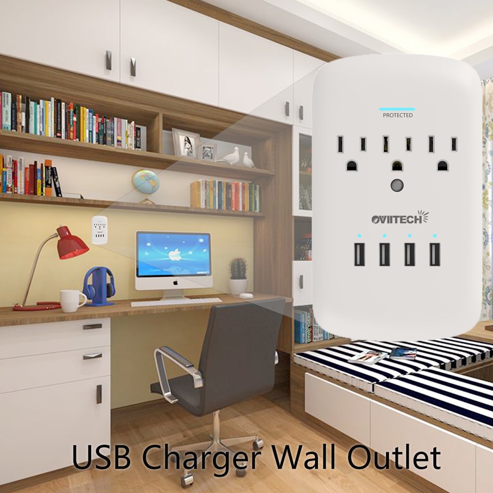 Oviitech Multi Outlet Wall Mount Adapter Surge Protector With 4 (4.2 Amp) Usb Charging Ports,3 Outlet Extender Socket Plugs,White,Etl Certified.
