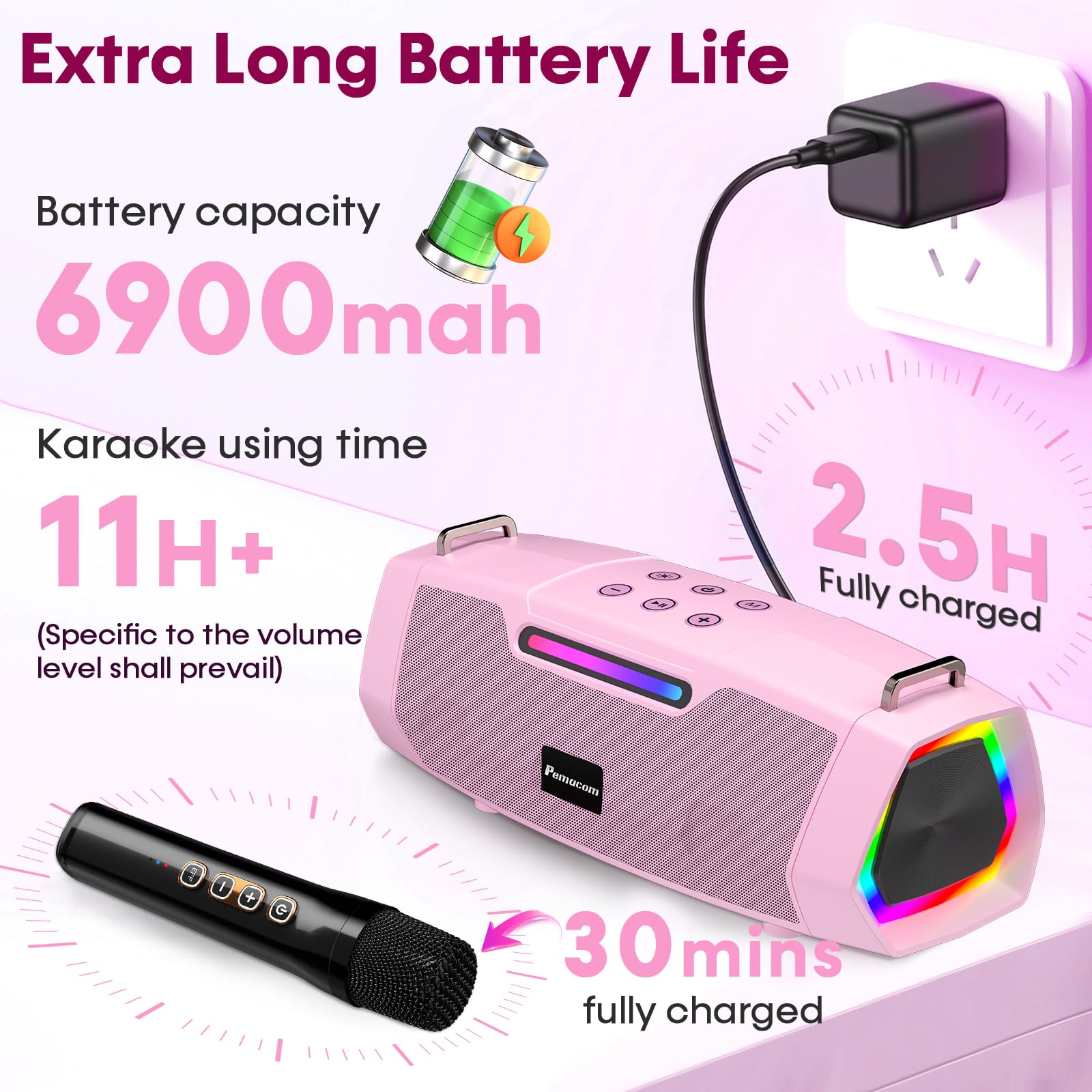 Karaoke Machine With Two Wireless Microphones - Portable 60W Powerful Bluetooth Speaker, Long Battery Life For Outdoor & Family