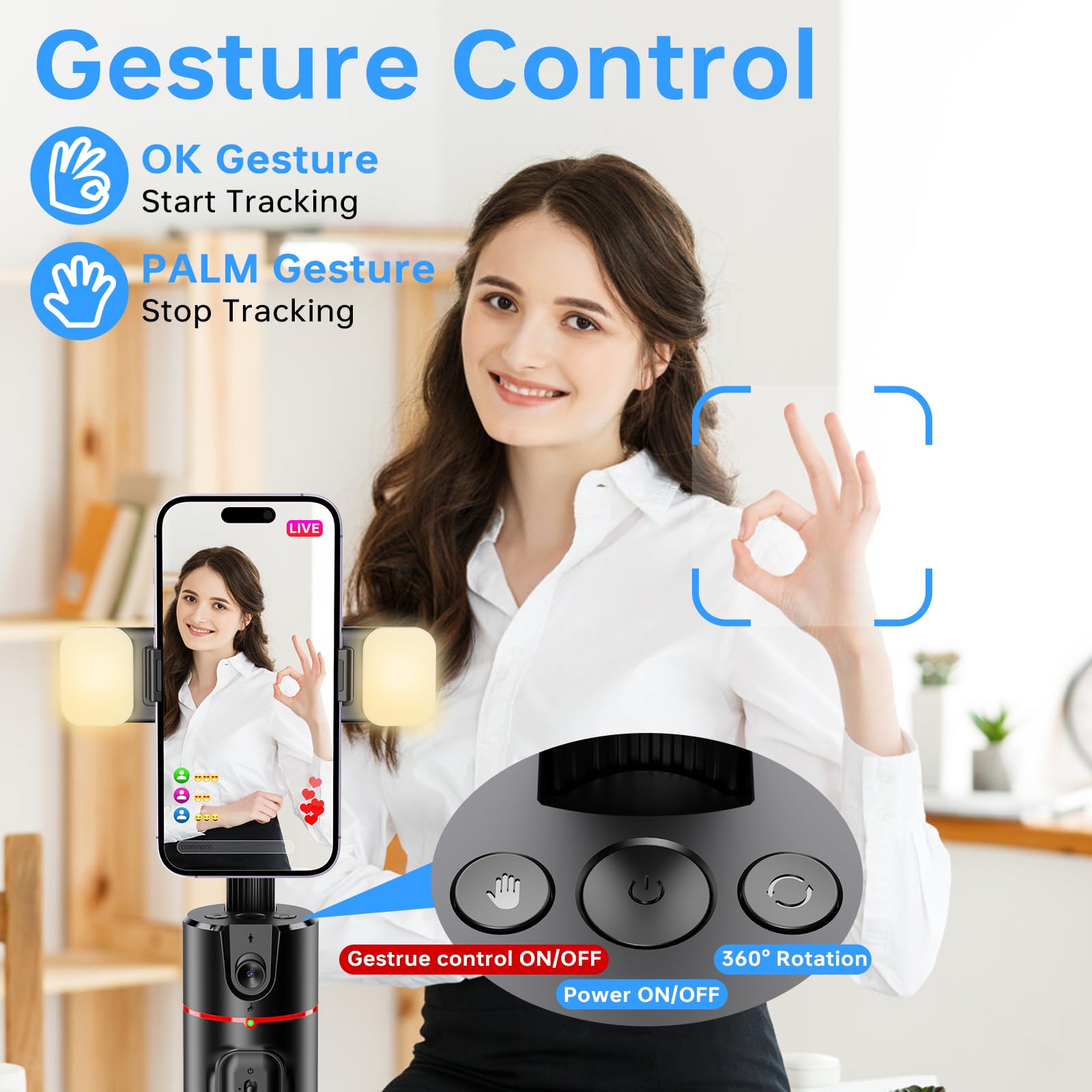 Auto Face Tracking Tripod 360 Rotation Phone Stand, No App, Face Body Phone Camera Stand With Remote And Gesture Control, Rechar