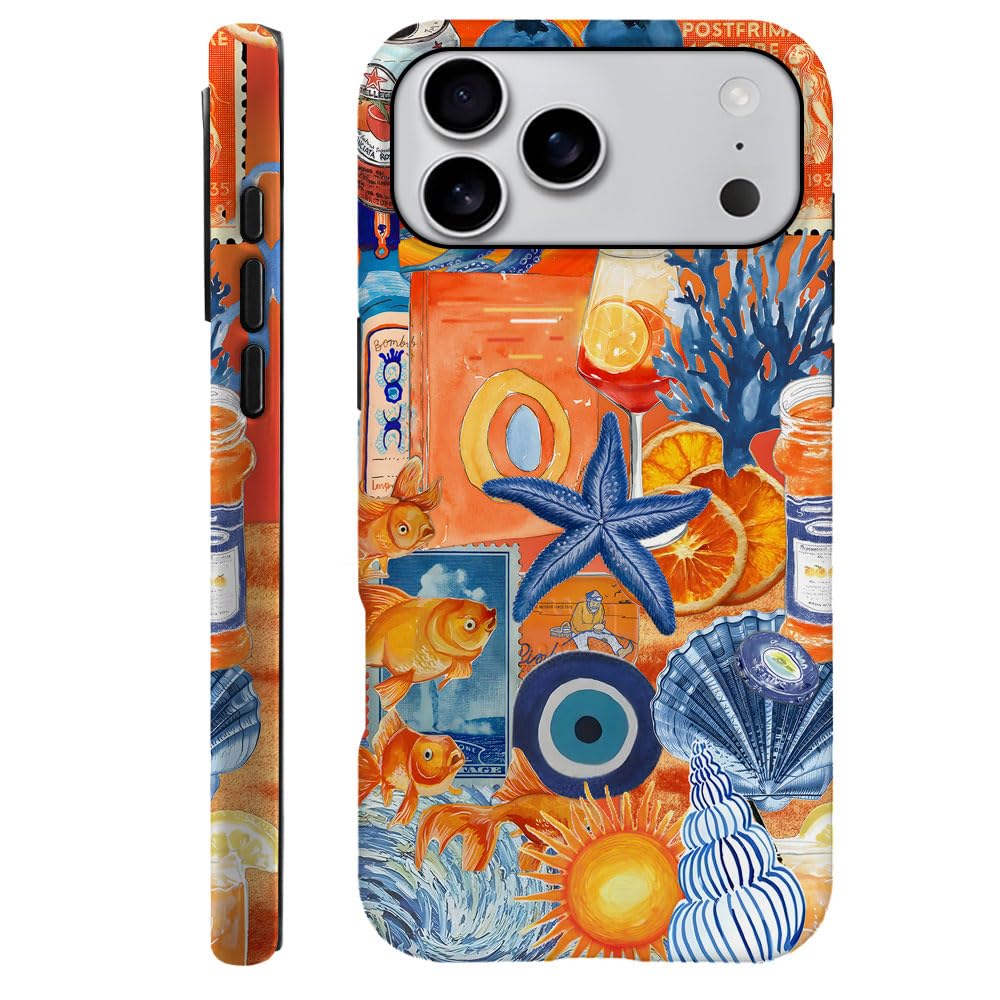 Compatible with iPhone 17 Pro Max,Durable & Shockproof Phone Case Cover Design - Orange Collage Starfish Stamp Sun