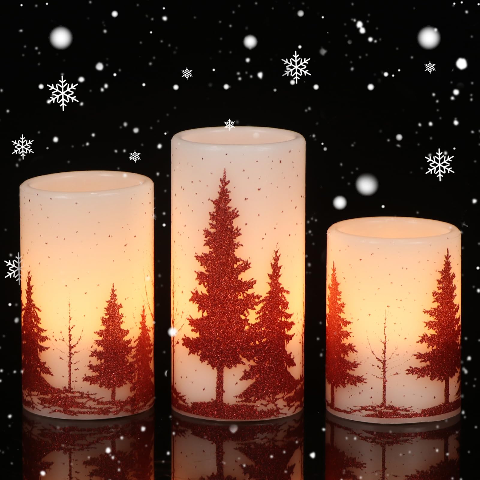 Eldnacele Christmas Flickering Flameless Candles with 6 Hour Timer, Red Christmas Tree Decal Battery Operated Real Wax LED Pilla