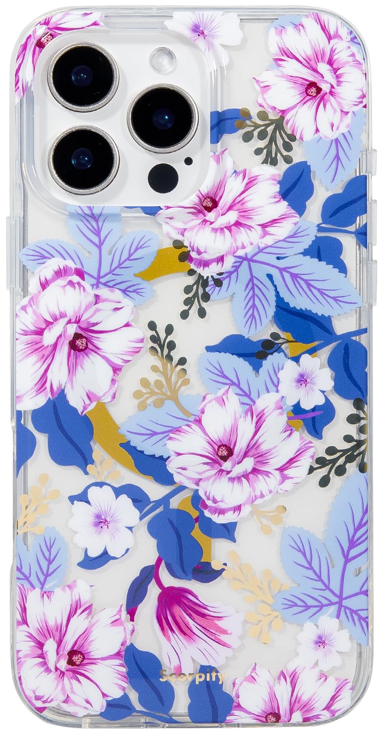 Scorpify For Iphone 16 Pro Case [Compatible With Magsafe] With Purple Hibiscus Floral Design, Cute Clear Flower Magnetic Phone C