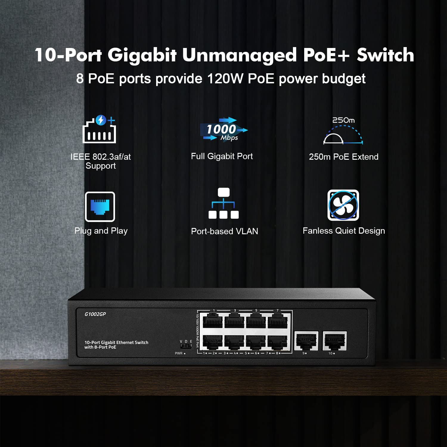 Yulinca 10 Port Gigabit Poe Switch, 8 Port Gigabit Poe+ And 2 Gigabit Uplink, 10/100/1000Mbps, Ieee802.3Af/At Max 120W, Metal Fa