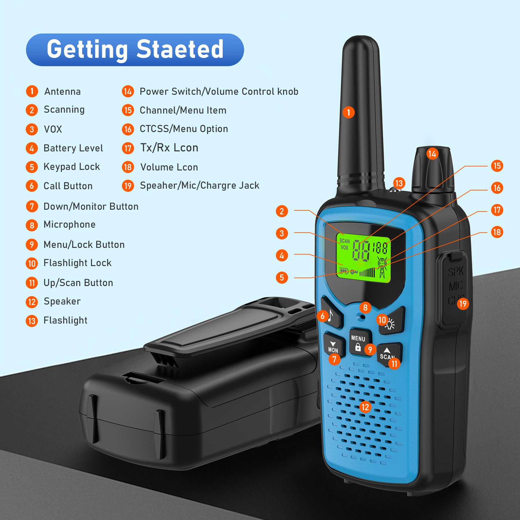 Walkie Talkies,Erelis Long Rang Walkie Talkies With 22 Frs Channels,Walkie Talkies For Adults With Lamp,Vox,Lcd Display For Outd