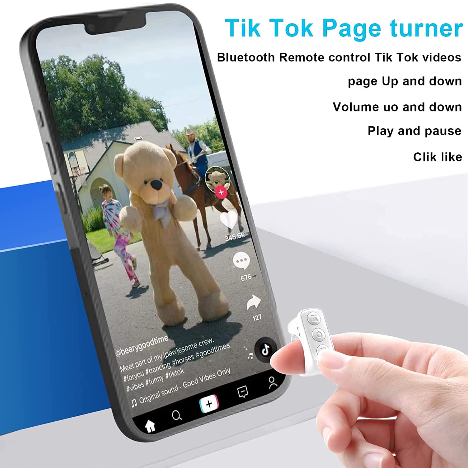 Gevo Tik Tok Bluetooth Remote Control Page Turner For Iphone Android Ipad Cell Phone Camera Remote Shutter Selfie Button, Blueto