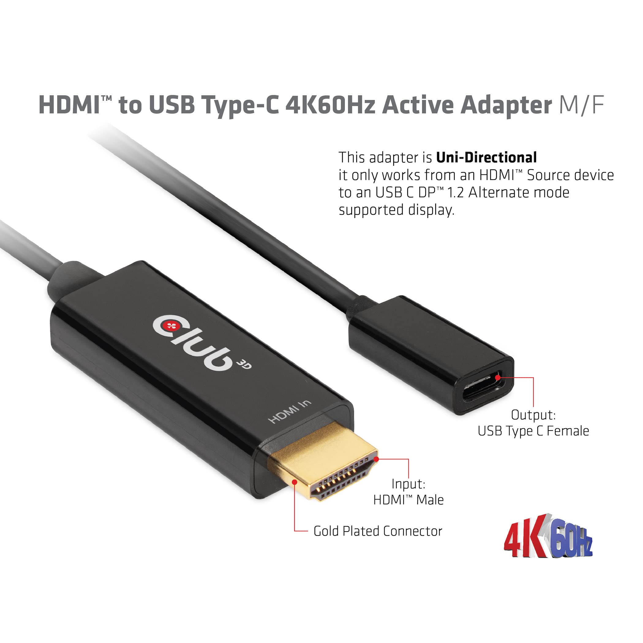 Club 3D Cac-1333 Hdmi 2.0 To Usb Type C 4K60Hz M/F Active Adapter