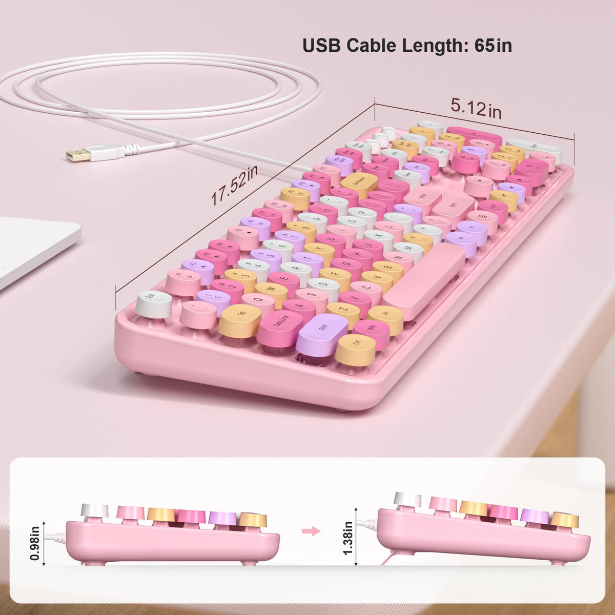 Mofii Keyboard Wired, Full Size Usb Keyboard Plug Play, Colorful Retro Round Typewriter Keyboard With Foldable Stands For Window