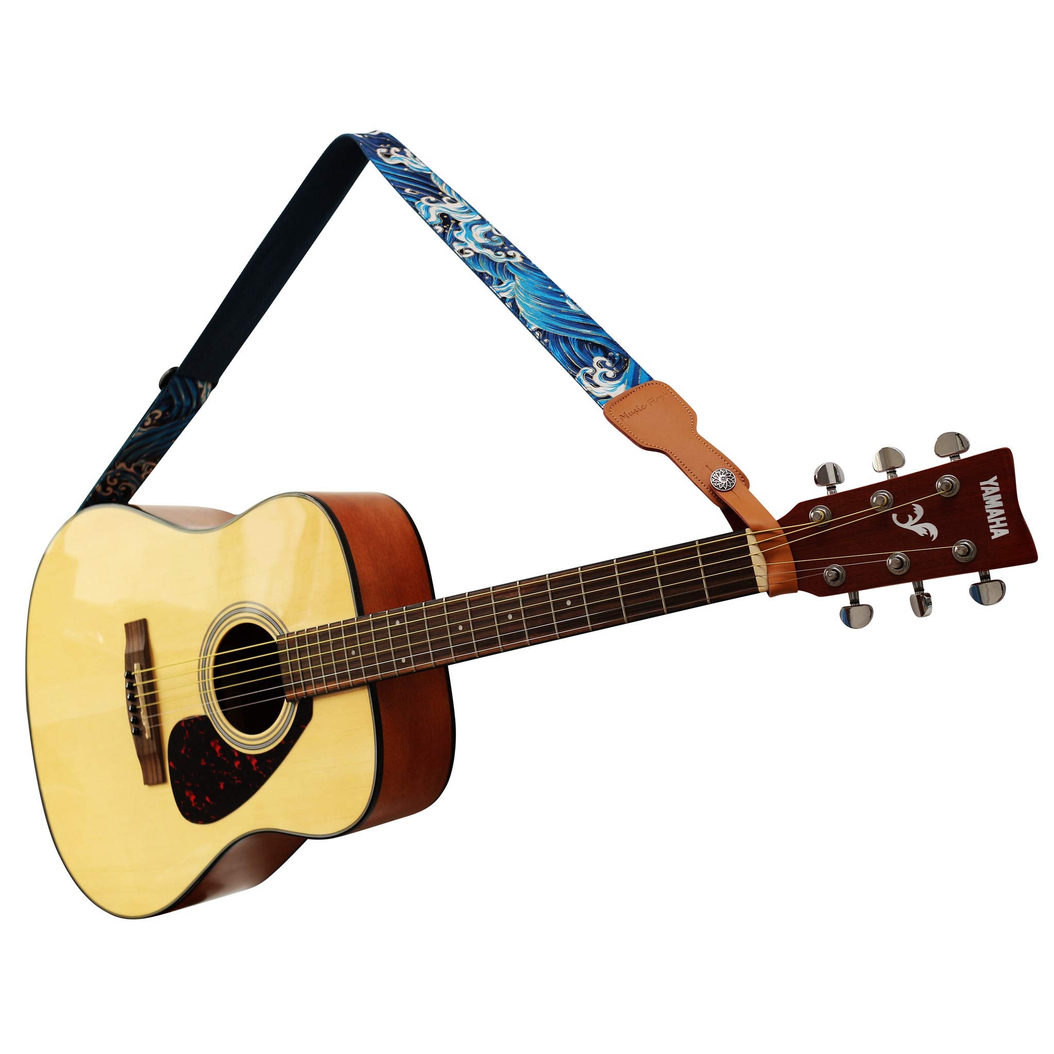 Music First Original Design, 2 Inch Width (5Cm), Ukiyoe Style Tsunami Waves    Soft Muslin & Genuine Leather Delux Guitar Strap,