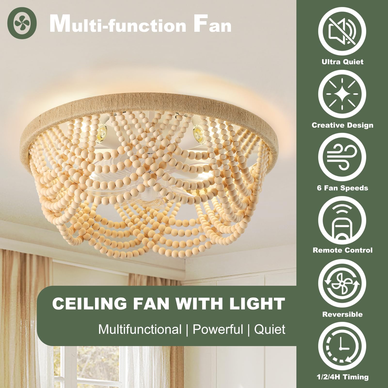 Liokoc Ceiling Fans With Remote, Caged Ceiling Fan With Handcrafted Beaded D  Cor 6 Speeds Reversible 19 Inches Bulbs Included F