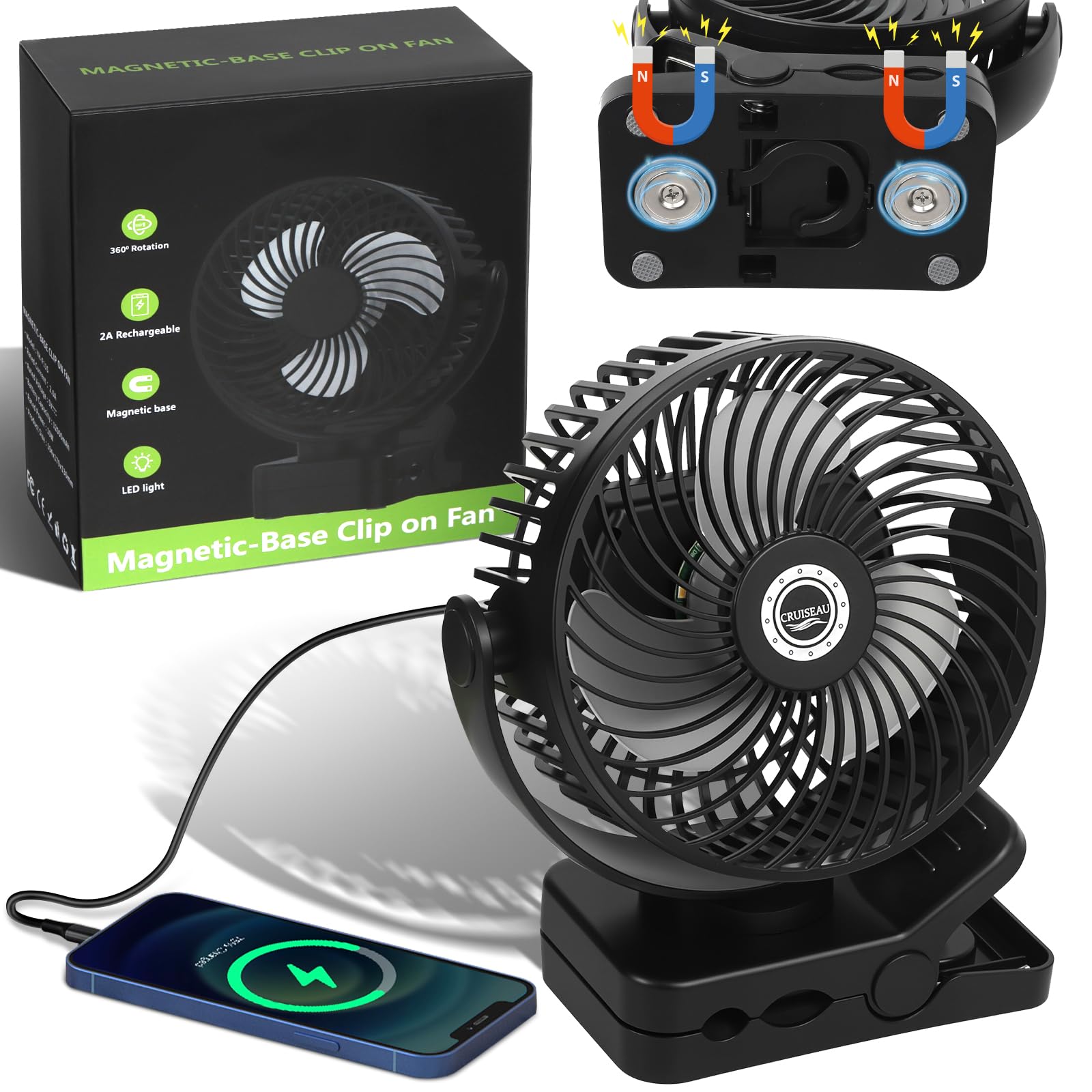 6 inch Magnetic Cruise Fan with 12000mAh Rechargeable Battery, 3-Speed Control, LED Light, Timer, Clip & Power Output - Ship-App