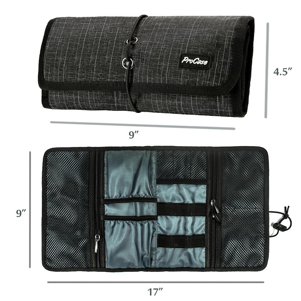 Procase Electronic Organizer Cord Pouch, Travel Cable Charger Phone Accessories Bag Organizer Roll Up Tech Carrying Case For Usb Cables Sd Memory Cards Earphone Flash Hard Drive  Blackplaid