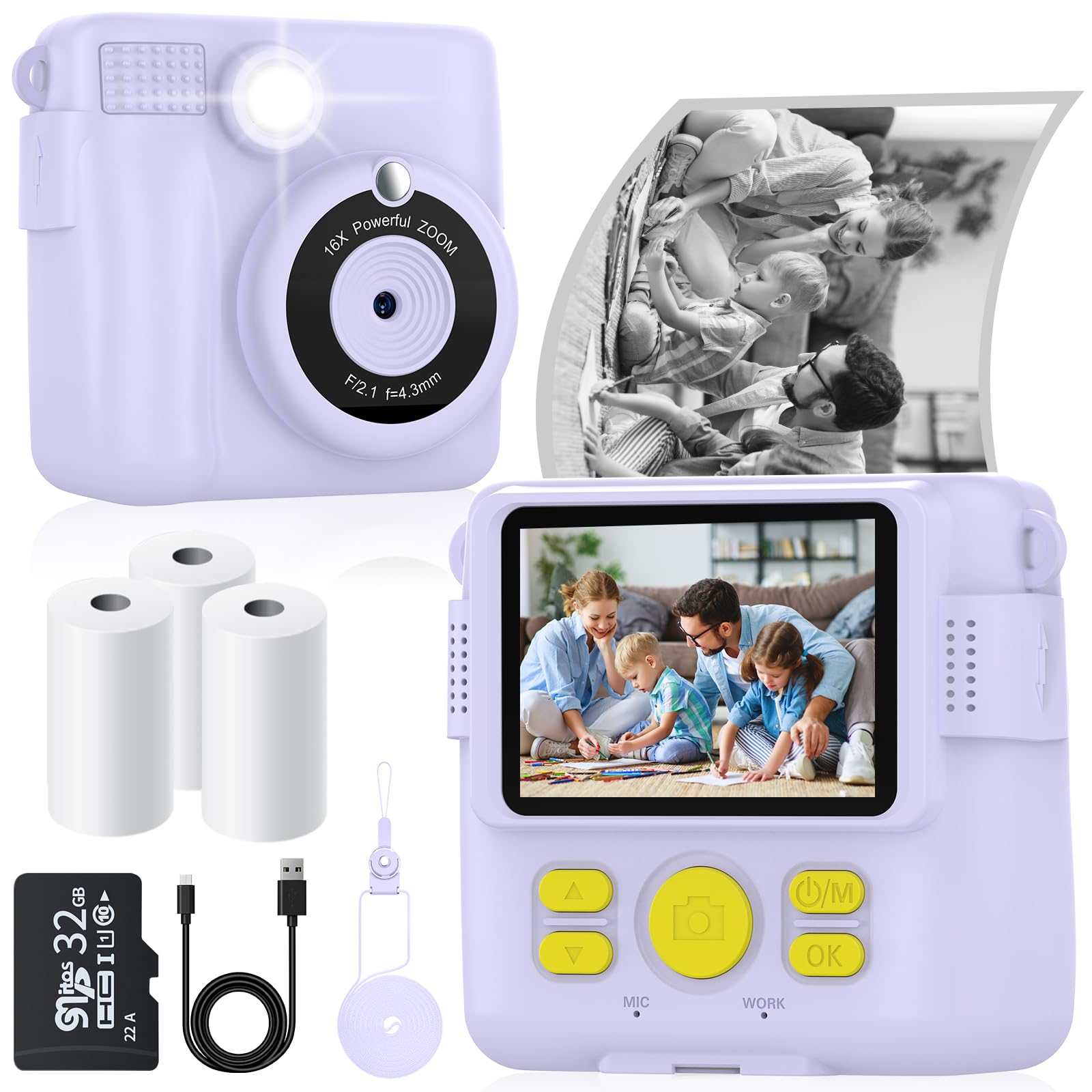 Instant Print Camera For Kids With 3 Rolls Of Printer Paper, 1080P Toddler Digital Camera Toys For Age 3 12 With 32Gb Sd Card, Christmas & Birthday Gifts For 3 4 5 6 7 8 Year Old Girls & Boys (Purple)