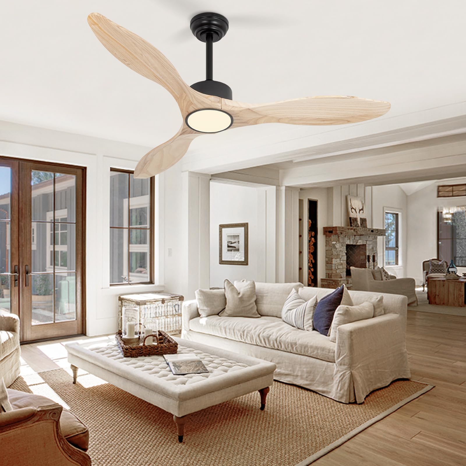 Revoici 52Inch Natural Wood Ceiling Fan With Light,Modern Farmhouse Style,Remote Control,Weathered & Light,Outdoor & Indoor,Bedr