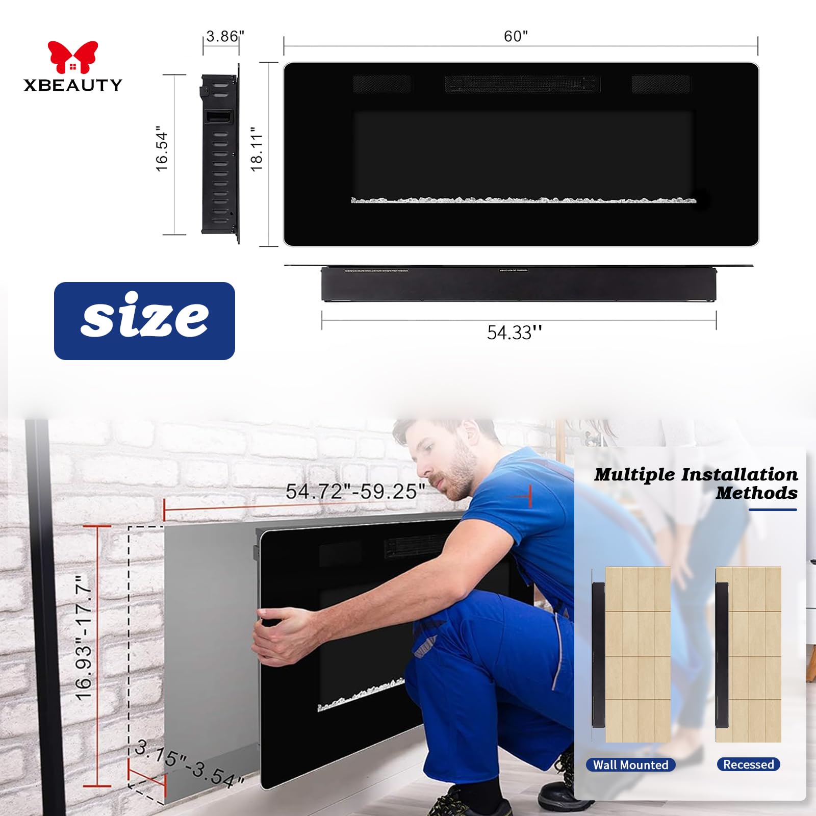 50 '' Electric Fireplace In Wall Recessed And Wall Mounted 1500W Fireplace Heater And Linear Fireplace With Timer/Multicolor Fla