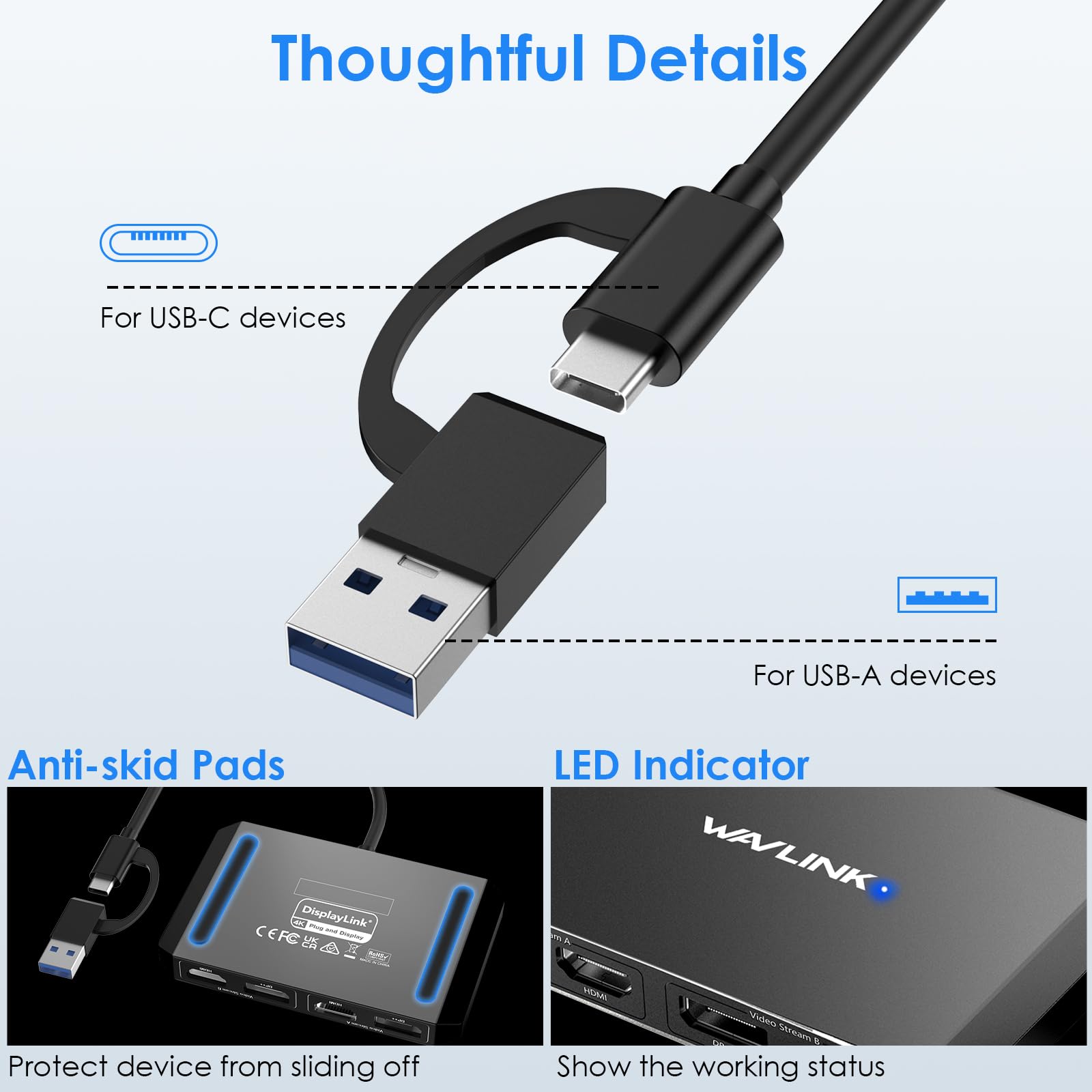 Wavlink Usb 3.0/Usb C To Displayport And Hdmi Adapter, Displaylink Dual 4K@60Hz Monitor Hub For M1/M2 Macbook, Dell Hp Surface Lenovo, Compatible With Windows And Mac Black
