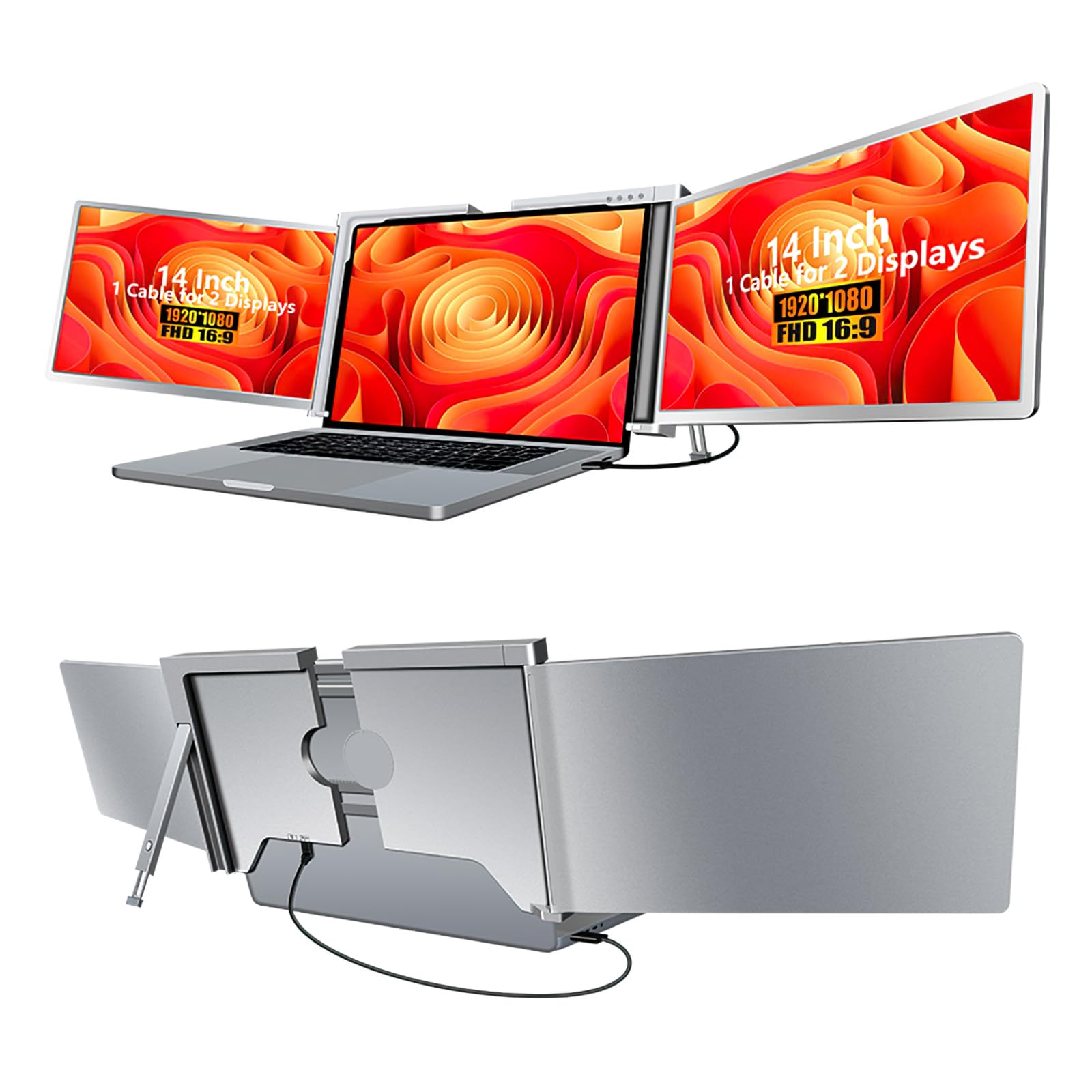 Mnn 14'' Triple Portable Monitor, Fhd 1080P Ips Laptop Monitor Extender Full Function Type C/Hdmi Ports, Foldable Dual Screen Ex