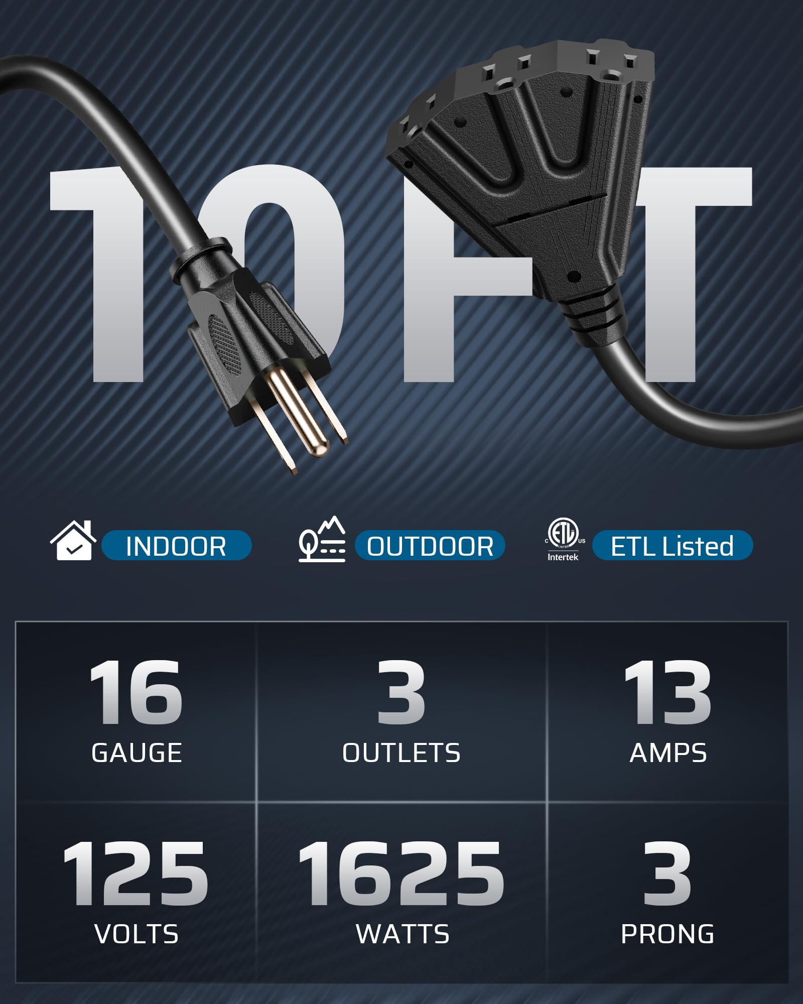 Dewenwils 10 Ft Christmas Outdoor Tri Tap Extension Cord Splitter, Weatherproof 16/3 Sjtw Power Cable For Holiday Decoration And