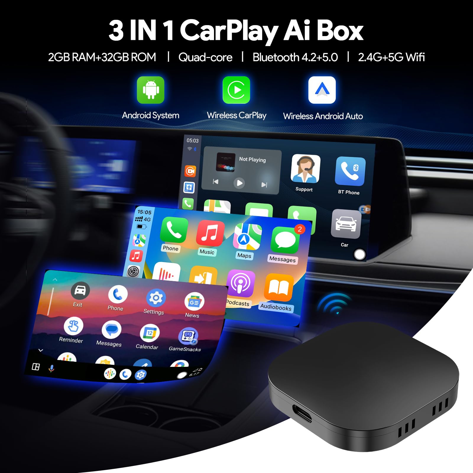 Zhnn Carplay Ai Box 2.0, Android Auto Ai Box Carplay Video Streaming Device For Oem Wired Carplay/Android Auto Car, Smart Ai Box