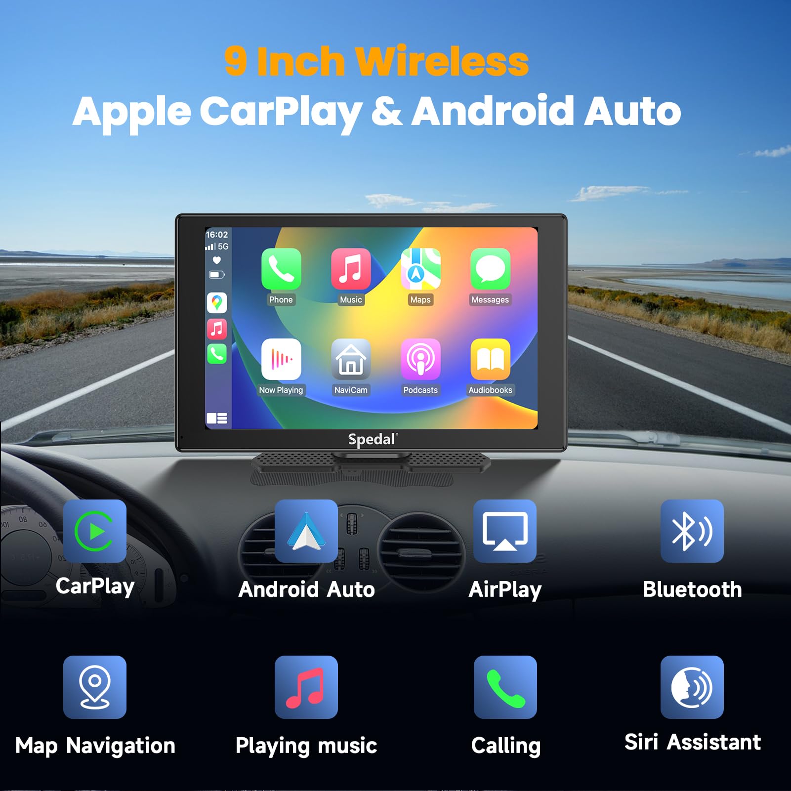 Spedal 9 Inch Wireless Carplay & Android Auto With 1080P Backup Camera, Carplay Screen For Car, Portable Car Stereo Navigation With Mirror Link, Bluetooth, Aux/Fm