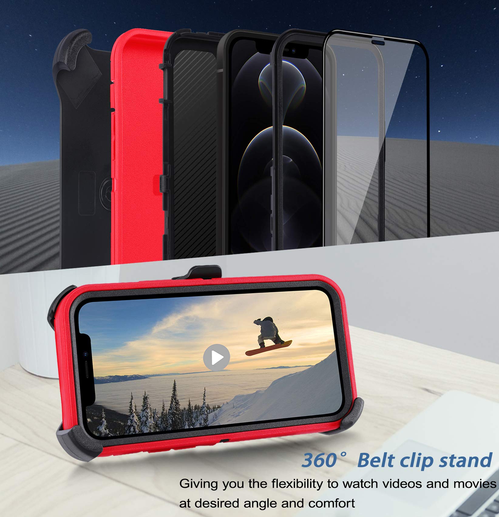 Case For Iphone 12 Pro Max Case 6.7'' Belt Clip Kickstand Holster With 2 Screen Protector,Full Body Rugged Heavy Duty Military G