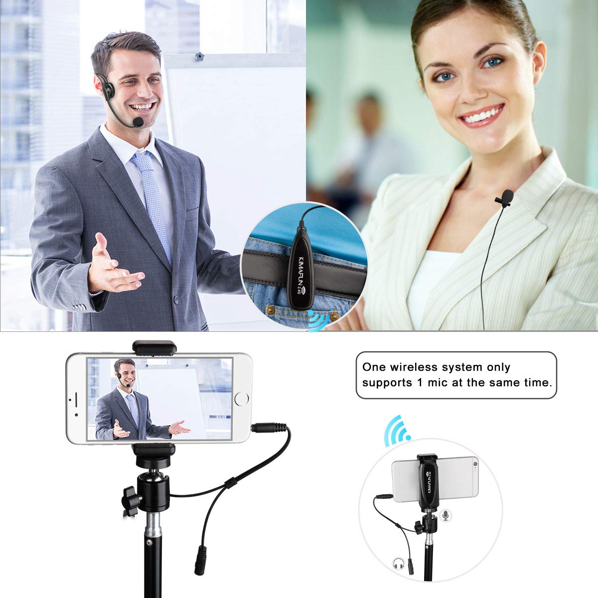 Kimafun Wireless Microphone System, 2.4G Wireless Headset And Lavalier Lapel Microphones For Iphone, Android Phone, Laptop And S
