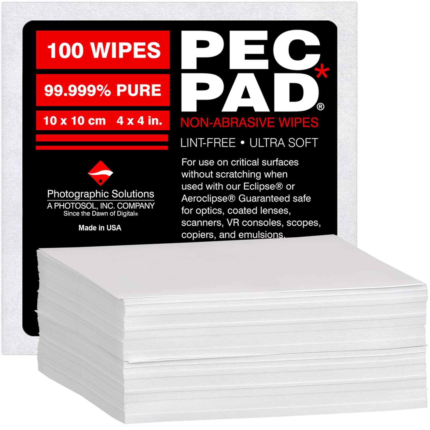 Pec Pad Lint Free Wipes 4�X4� Non Abrasive Ultra Soft Cloth For Cleaning Sensitive Surfaces Like Camera, Lens, Filters, Film, Scanners, Telescopes, Microscopes, Binoculars. (100 Sheets Per/Pkg)