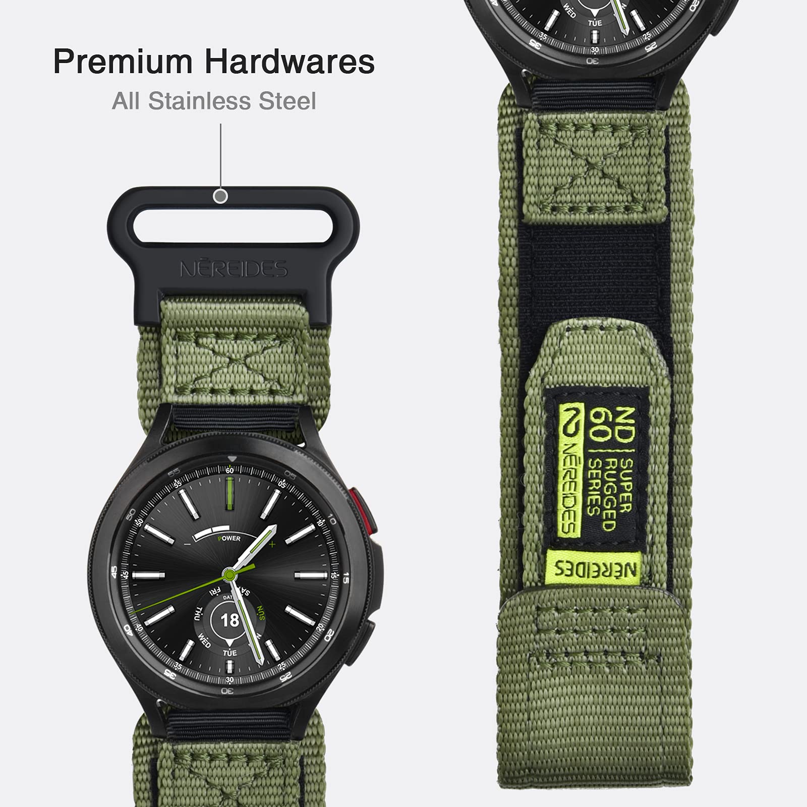 Nereides Band Compatible With Samsung Galaxy Watch 6 Classic 47Mm 43Mm/ 5 Pro 45Mm/ 6 5 4 44Mm 40Mm/ 4 Classic 46Mm 42Mm, 20Mm Rugged Nylon Woven Loop Sports Strap (L, Army Green)