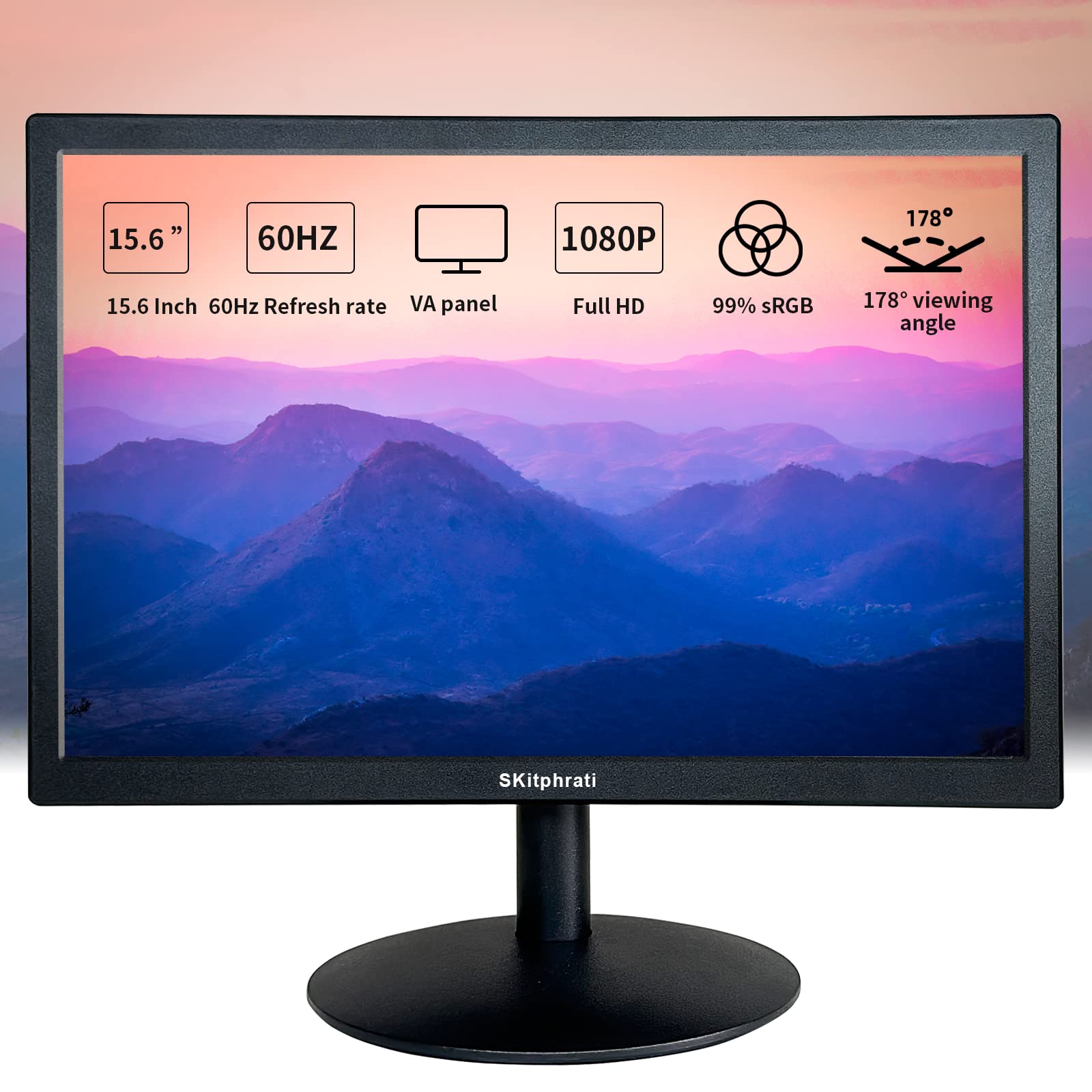 Skitphrati 15.6 Inch Small Pc Monitor, Fhd Va 1080P Desktop Display With 1920X1080 99% Srgb Hdmi Vga Ports, Vesa Mounting, Led M