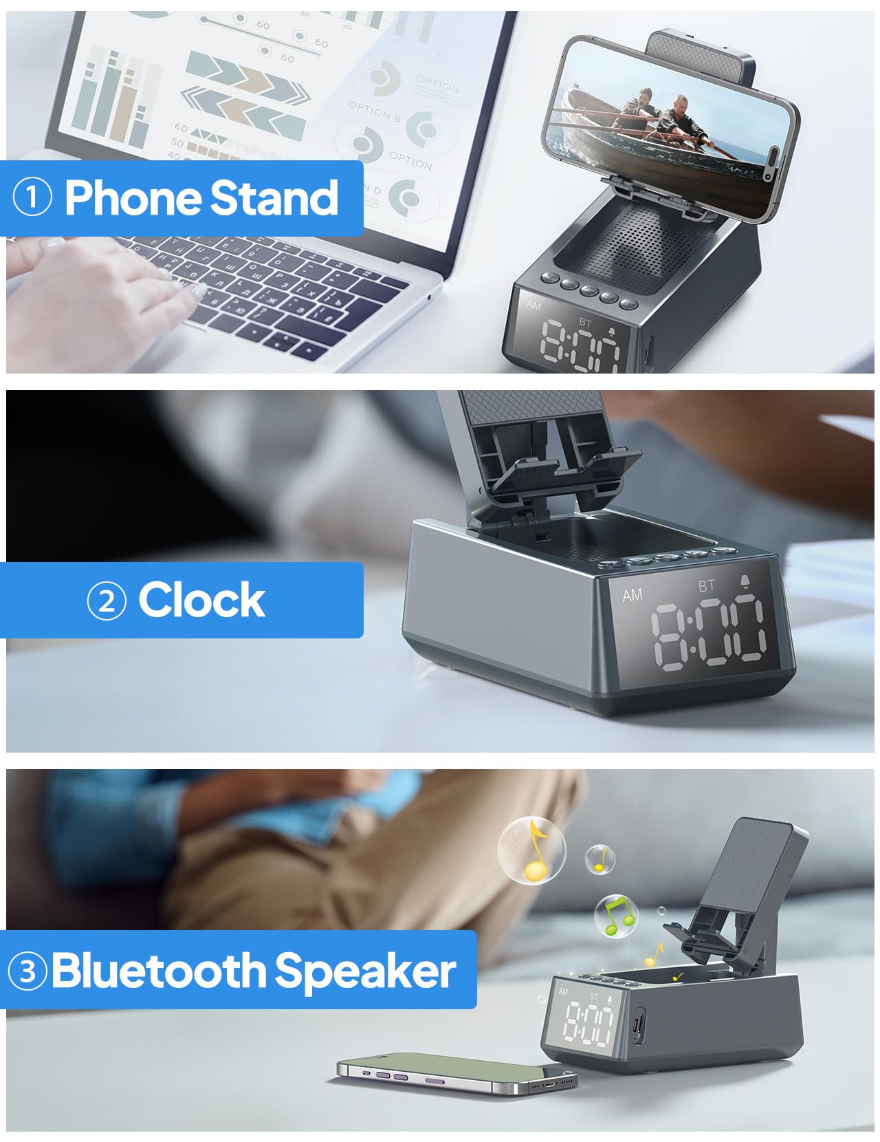 Birthday Gifts For Men Women, Cell Phone Stand Bluetooth Speaker With Anti Slip Base, Hd Surround Sound, & Alarm Clock, Cool Mul