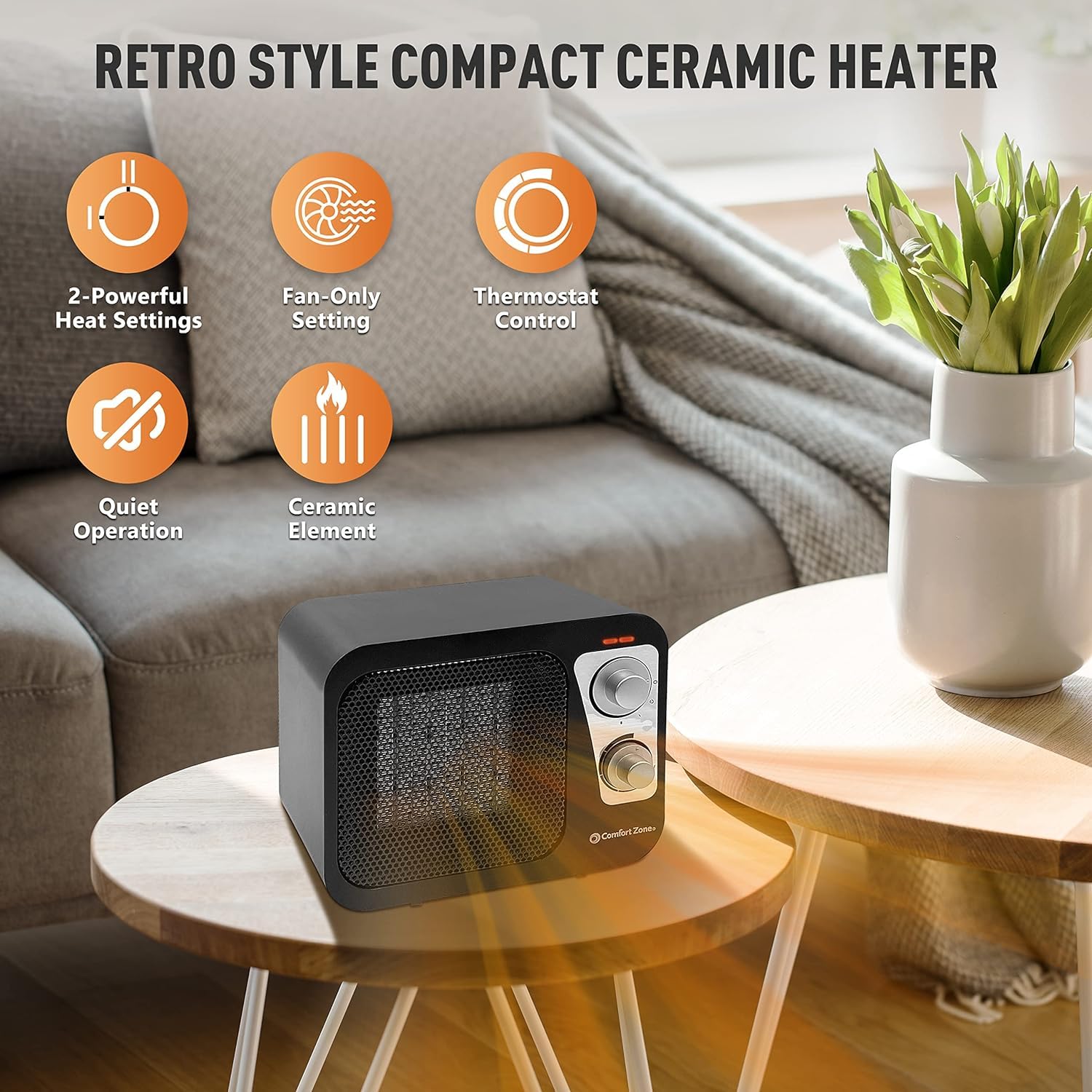 Comfort Zone Electric Retro Design Ceramic Space Heater, Adjustable Thermostat, 2 Heat Settings, Overheat Protection, Safety Tip