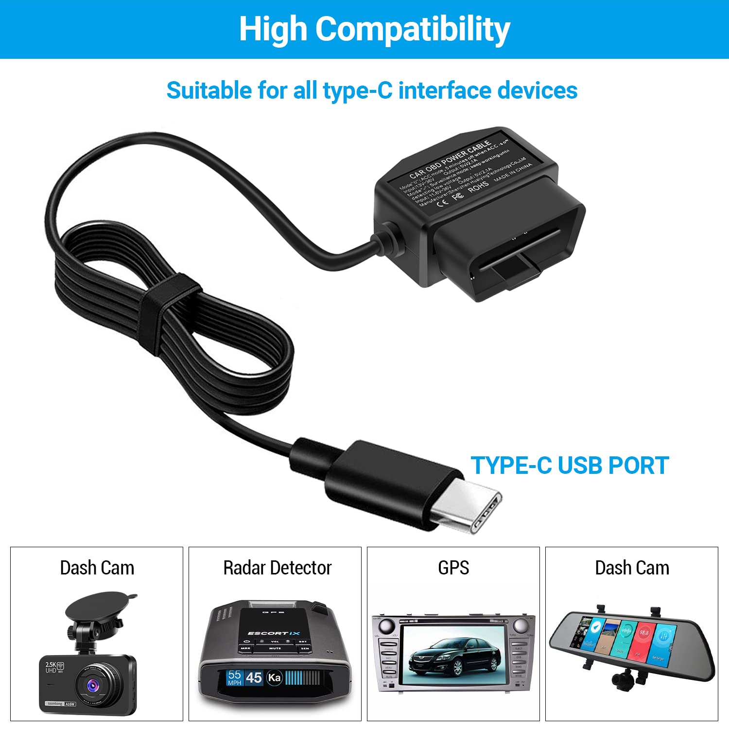 Ssontong Upgraded Obd2 Obd Power Cable For Dash Camera, Obd To Type C Usb Obdii Adapter Hardwire Charger Cable 24 Hours Surveill