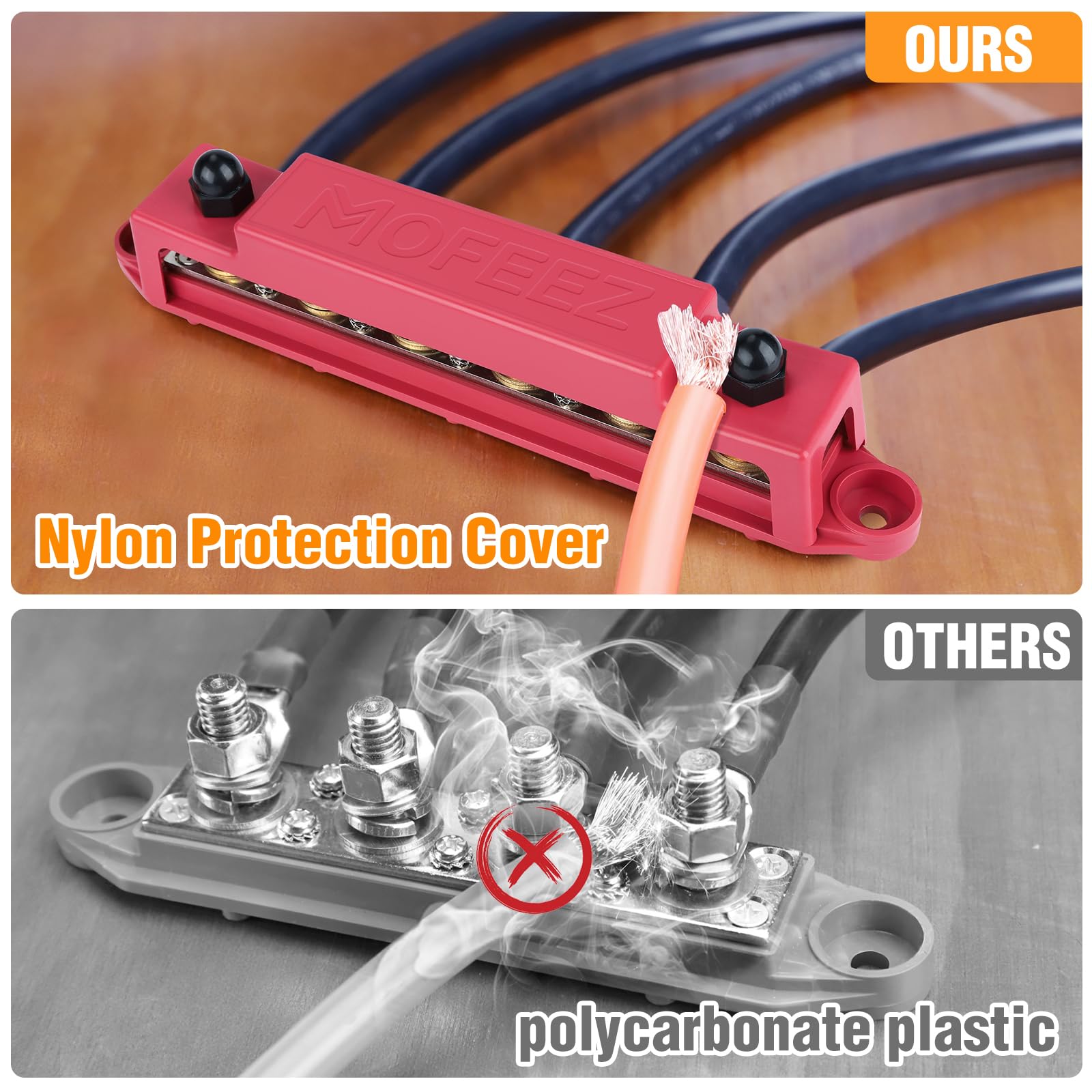 Mofeez Power Distribution Block Bus Bar, 6 X 3/8' Posts, 10 X #8 Screws Terminals, Max 48V 250A (Pair, Red & Black)