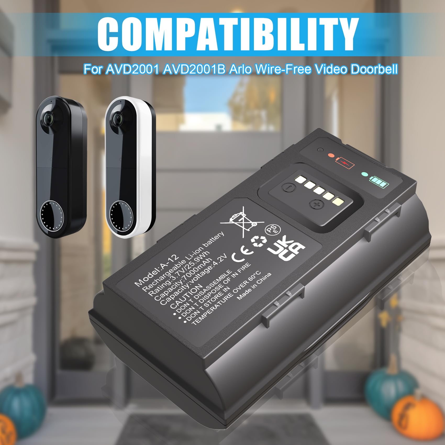 7000Mah Rechargeable Battery For Arlo Essential Wire Free Video Doorbell, Alro Doorbell Vma2400 Avd2001 Avd2001B, Designed With