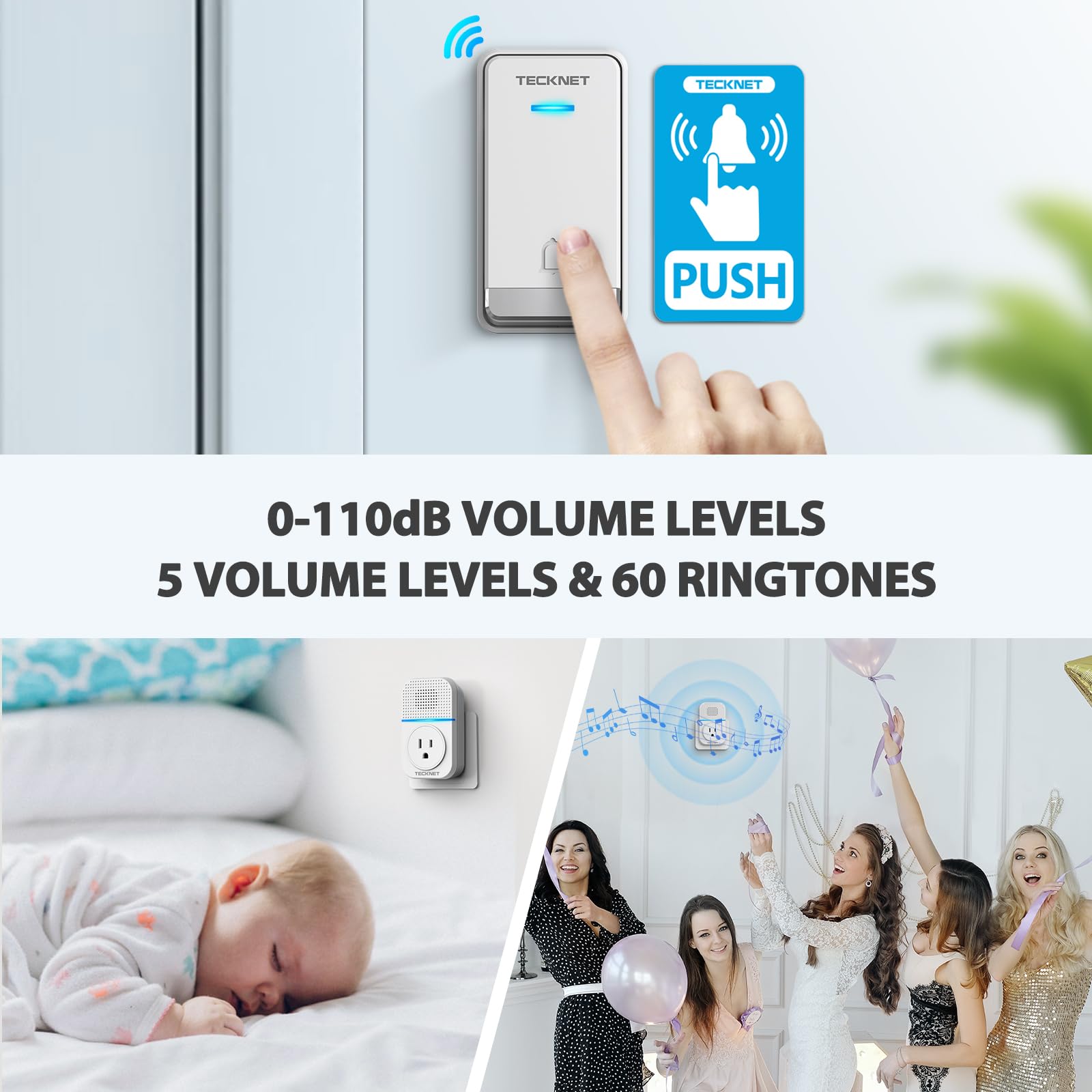 Tecknet Wireless Doorbells For Home, Waterproof Classroom Door Bell Ringer Wireless With 60 Ringtones & 5 Level Volume, 1300Ft R