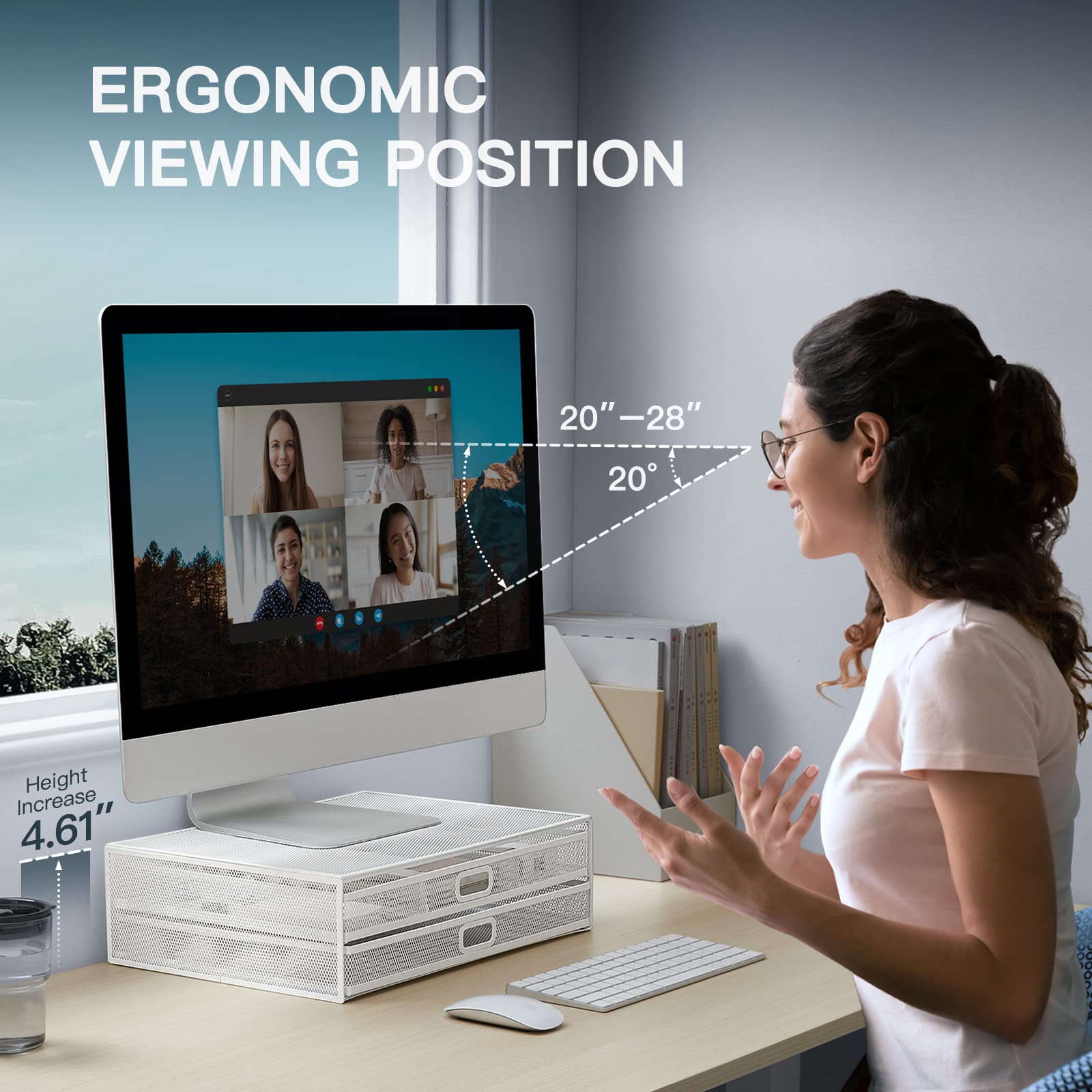 Huanuo Monitor Stand Riser With Drawer   Mesh Metal Desk Organizer Pc, Laptop, Notebook, Printer Holder With Pull Out Storage Drawer (White)