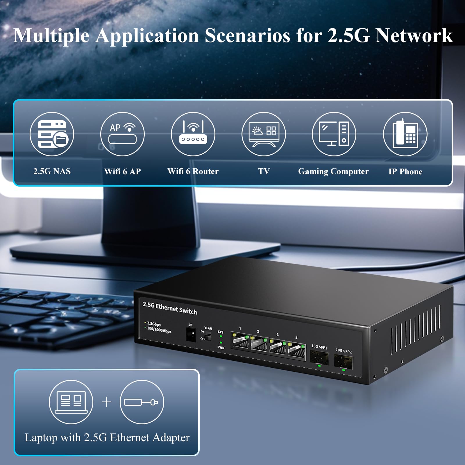 Steamemo 6 Port 2.5G Unmanaged Ethernet Switch, 4X 2.5G Base T Ports, 2X 10G Sfp, 60Gbps Switching Capacity, Compatible With 100