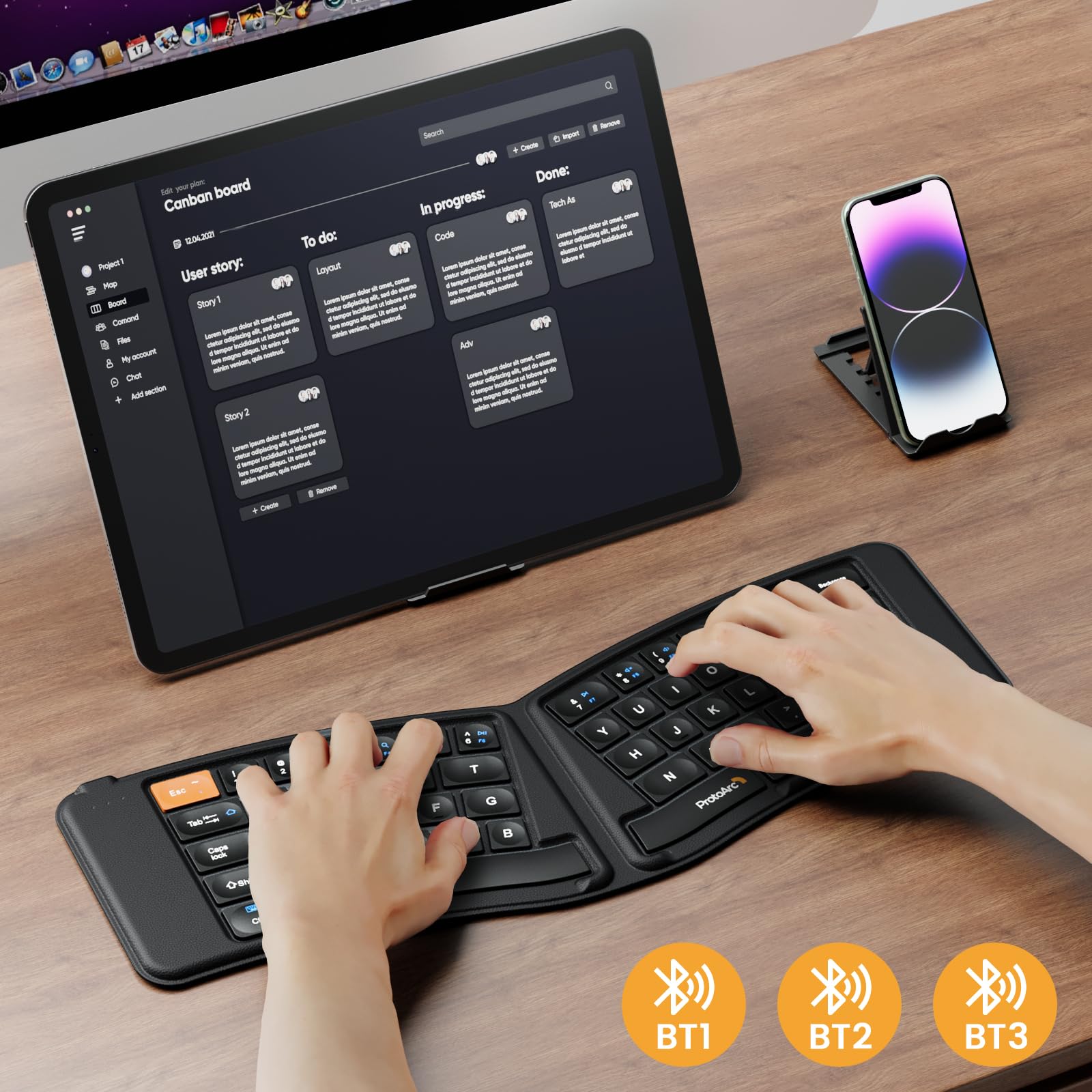 Protoarc Ergonomic Foldable Keyboard, Xk03 Split Folding Bluetooth Keyboard, Ultra Slim Travel Keyboard, Portable Bluetooth Keyb