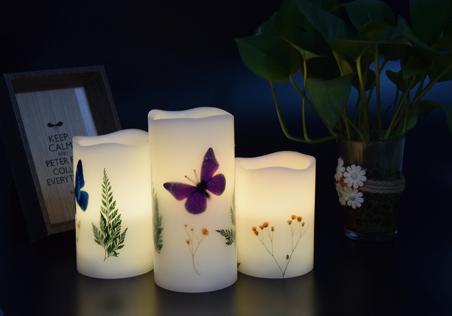 Candles Set Of 3 Flameless 4'' 5'' 6'' Unscented Tealight Butterfly Flower Plants Decor Real Wax Pillar Candle Led Lights 12 Col