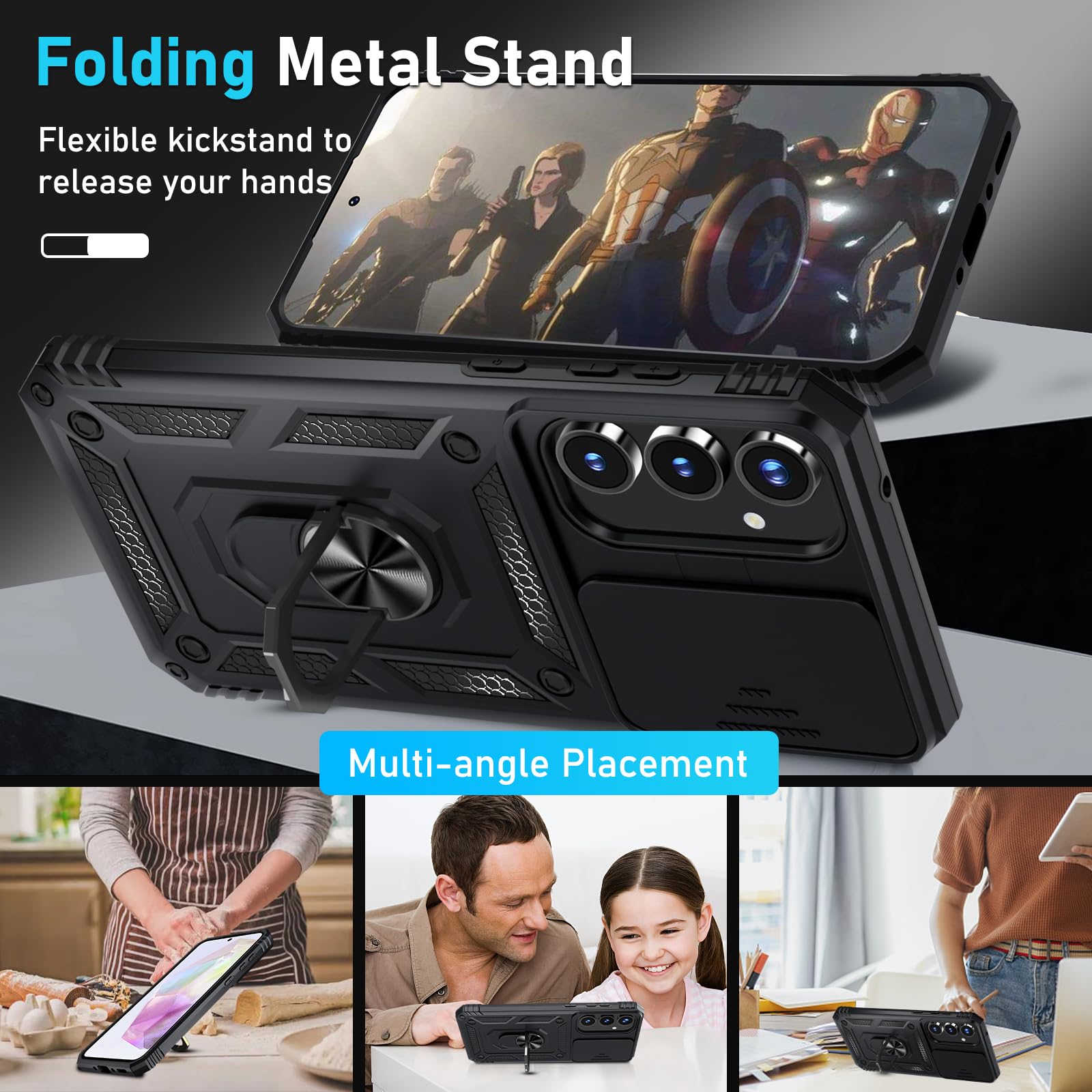 Janmitta Compatible With Samsung Galaxy A35 5G Case Built In Slide Camera Lens Cover+Screen Protector+Finger Ring Holder Kicksta