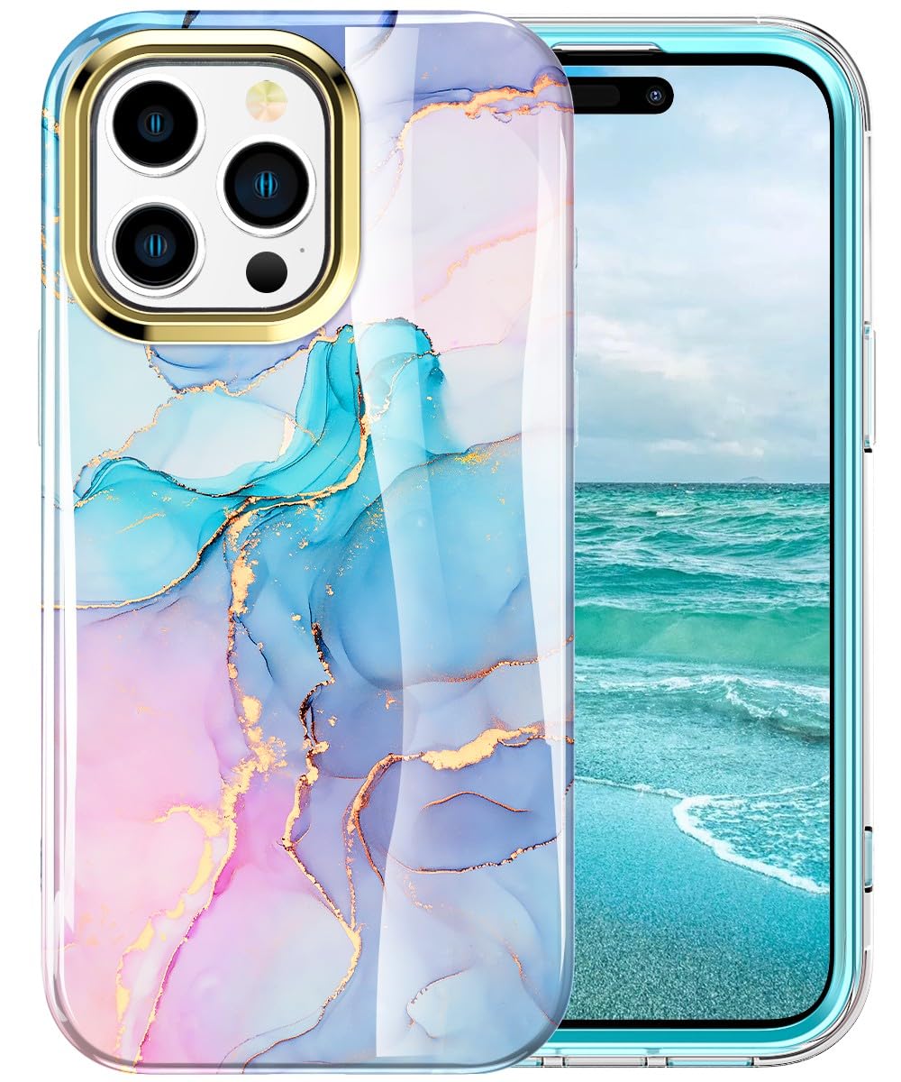 Turquiase Cute Marble Case For Iphone 15 Pro 6.1 Inch Built With Screen Protector, Lightweight And Stylish Full Body Shockproof